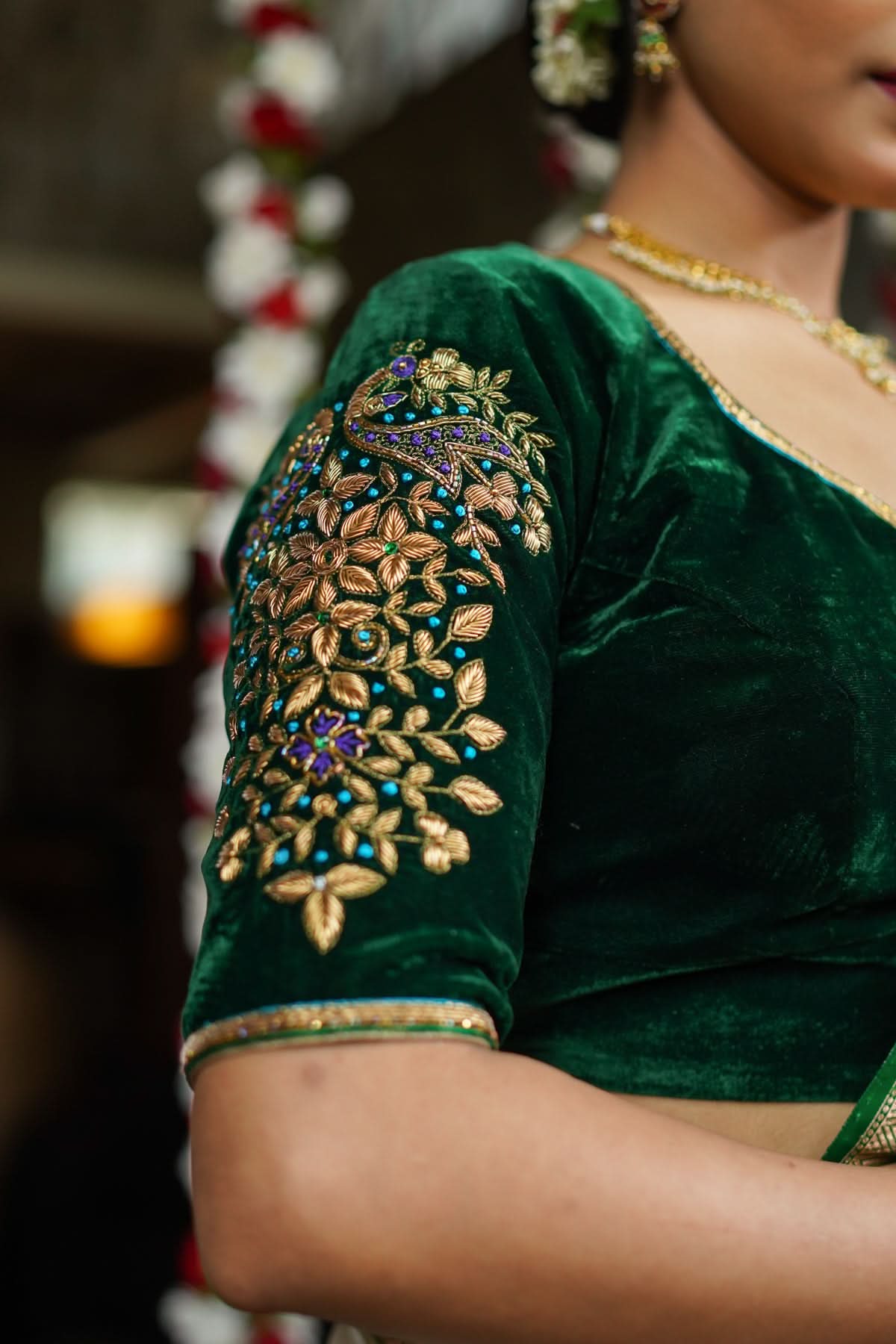 Green Velvet Blouse with Zardosi Work   Mix and Match Blouse for saree, Made to Order | Shobitam