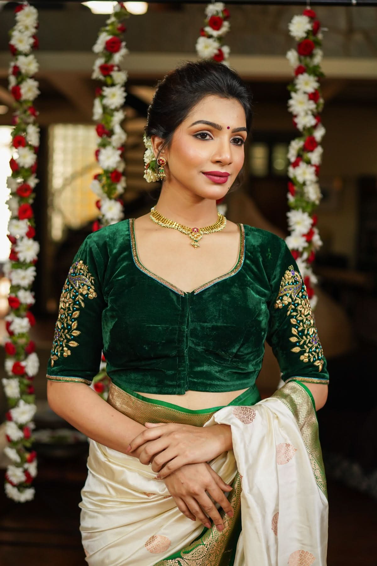 Green Velvet Blouse with Zardosi Work   Mix and Match Blouse for saree, Made to Order | Shobitam