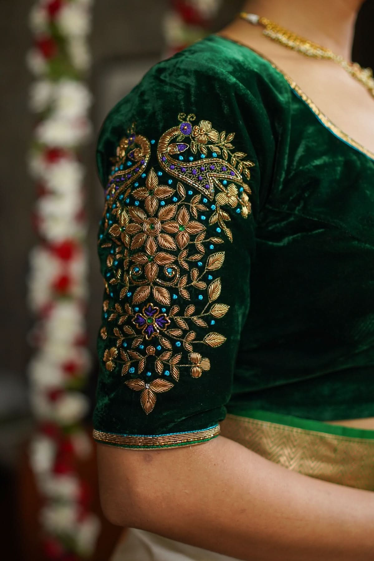 Green Velvet Blouse with Zardosi Work   Mix and Match Blouse for saree, Made to Order | Shobitam