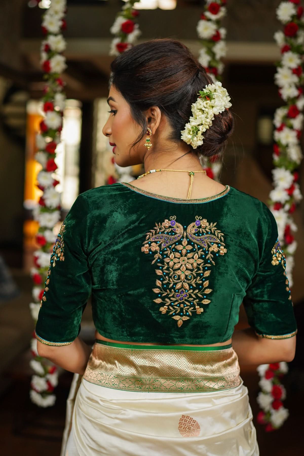 Green Velvet Blouse with Zardosi Work   Mix and Match Blouse for saree, Made to Order | Shobitam