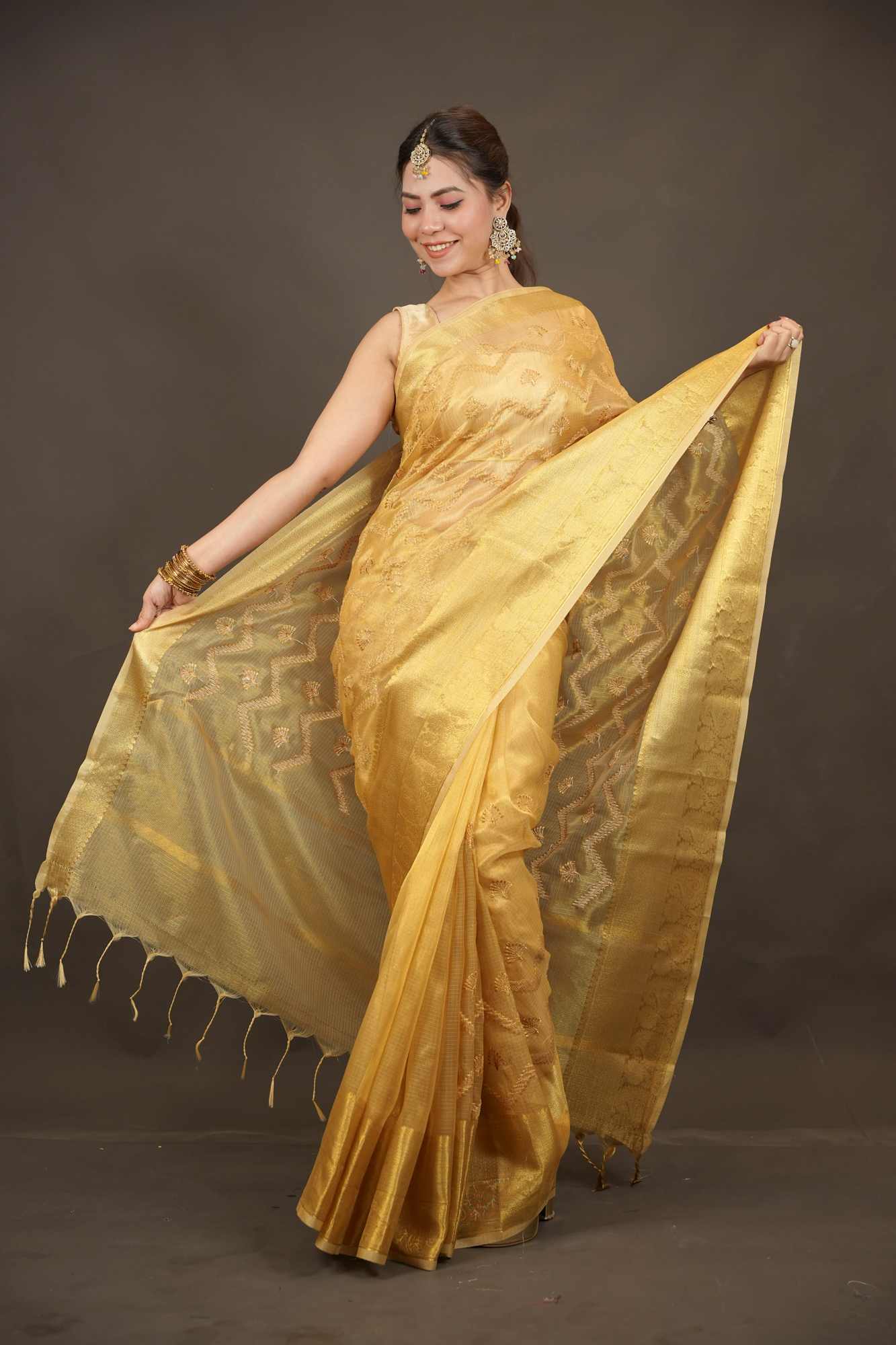 Woven Tissue Elegant Zari Work All Ove Ready To Wear Saree