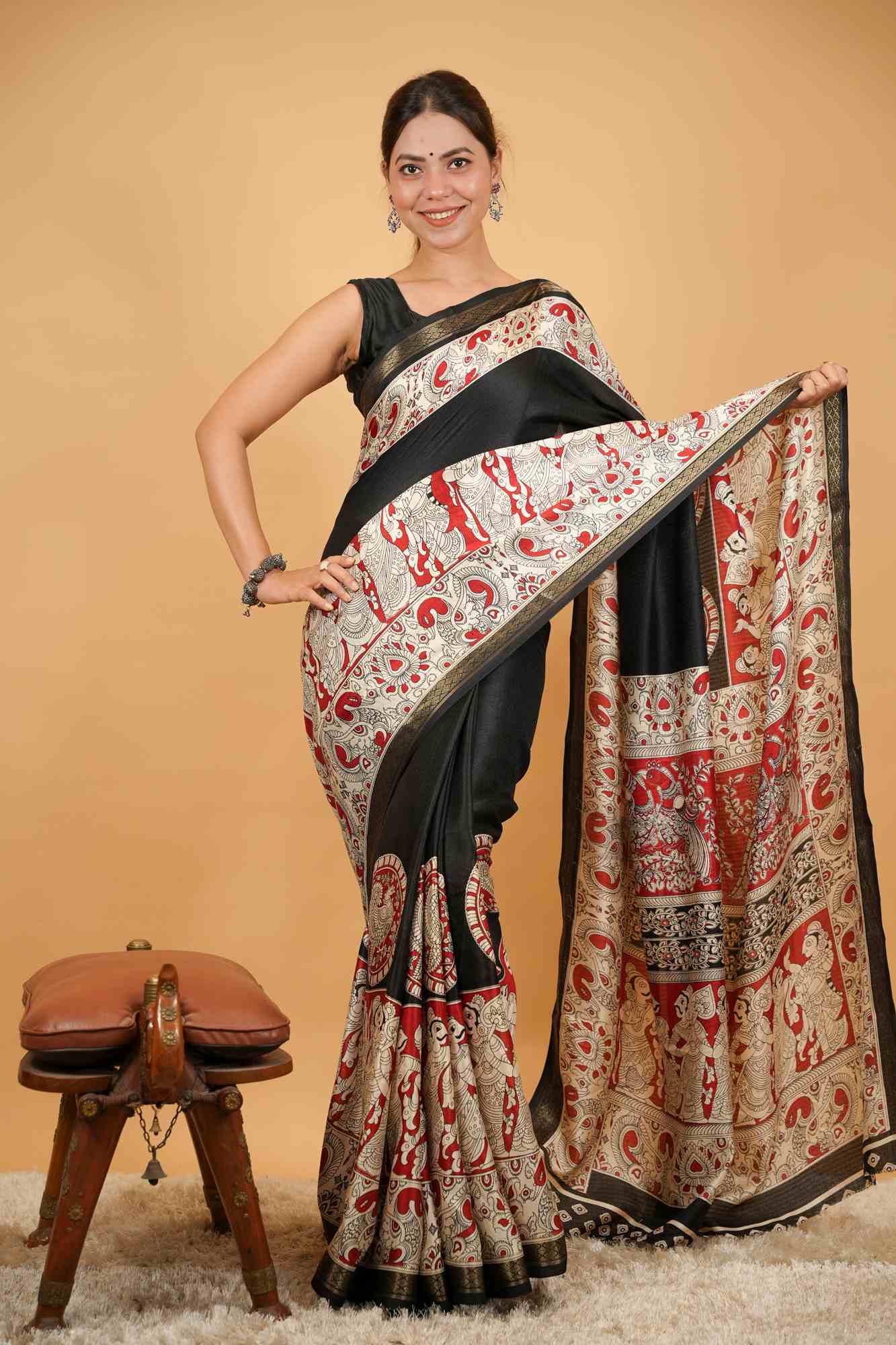 Cotton Crape Silk With Kalamkari Work Ready To Wear Saree