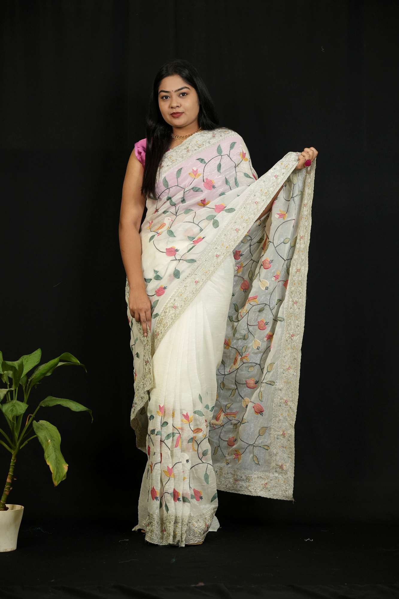 Crunchy Organza with Intricate Thread Embroidery Ready To Wear Saree