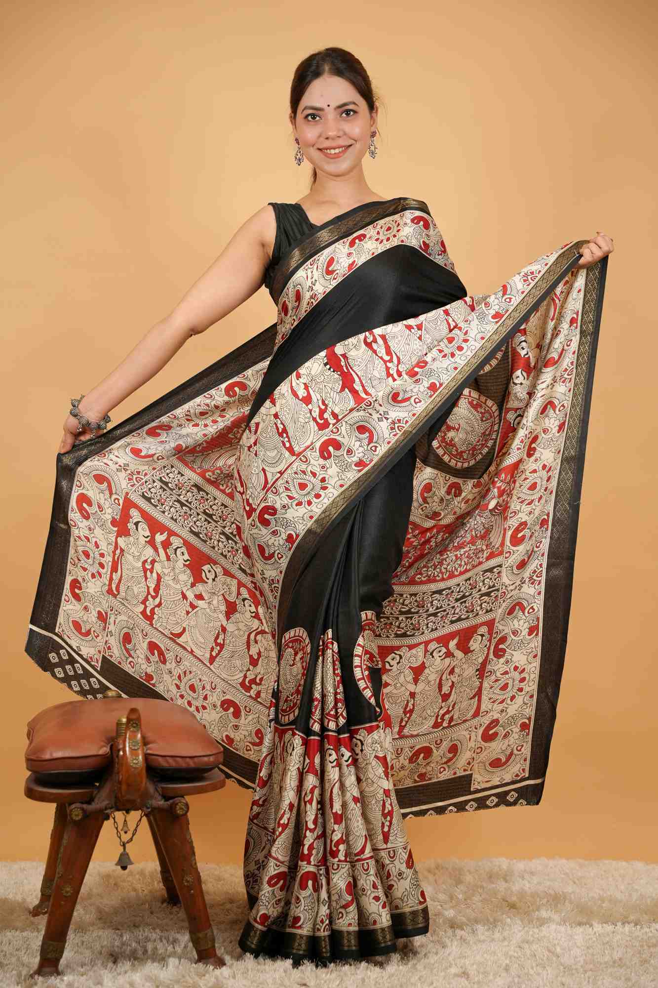 Cotton Crape Silk With Kalamkari Work Ready To Wear Saree