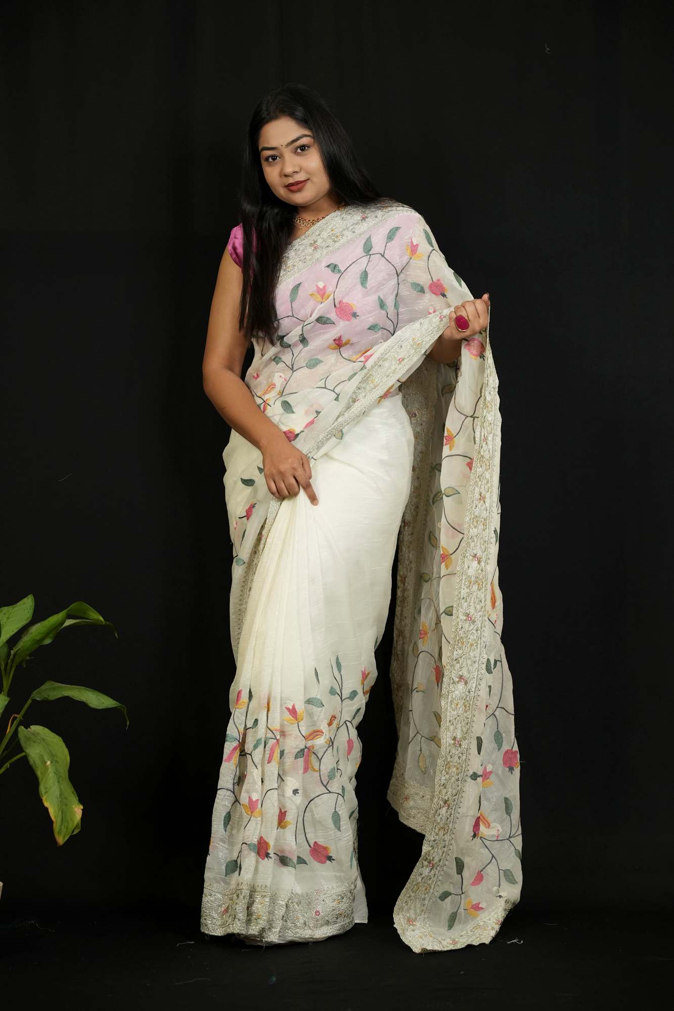 Crunchy Organza with Intricate Thread Embroidery Ready To Wear Saree