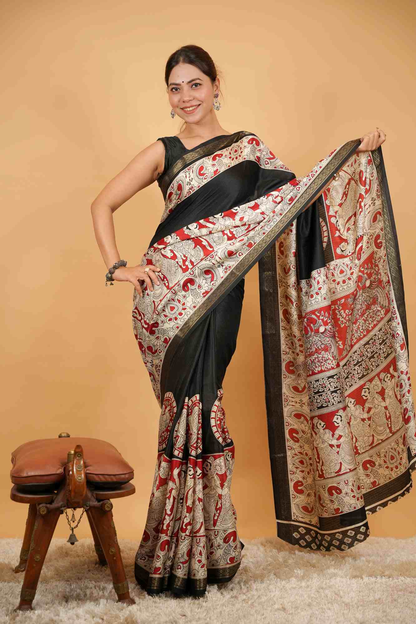 Cotton Crape Silk With Kalamkari Work Ready To Wear Saree