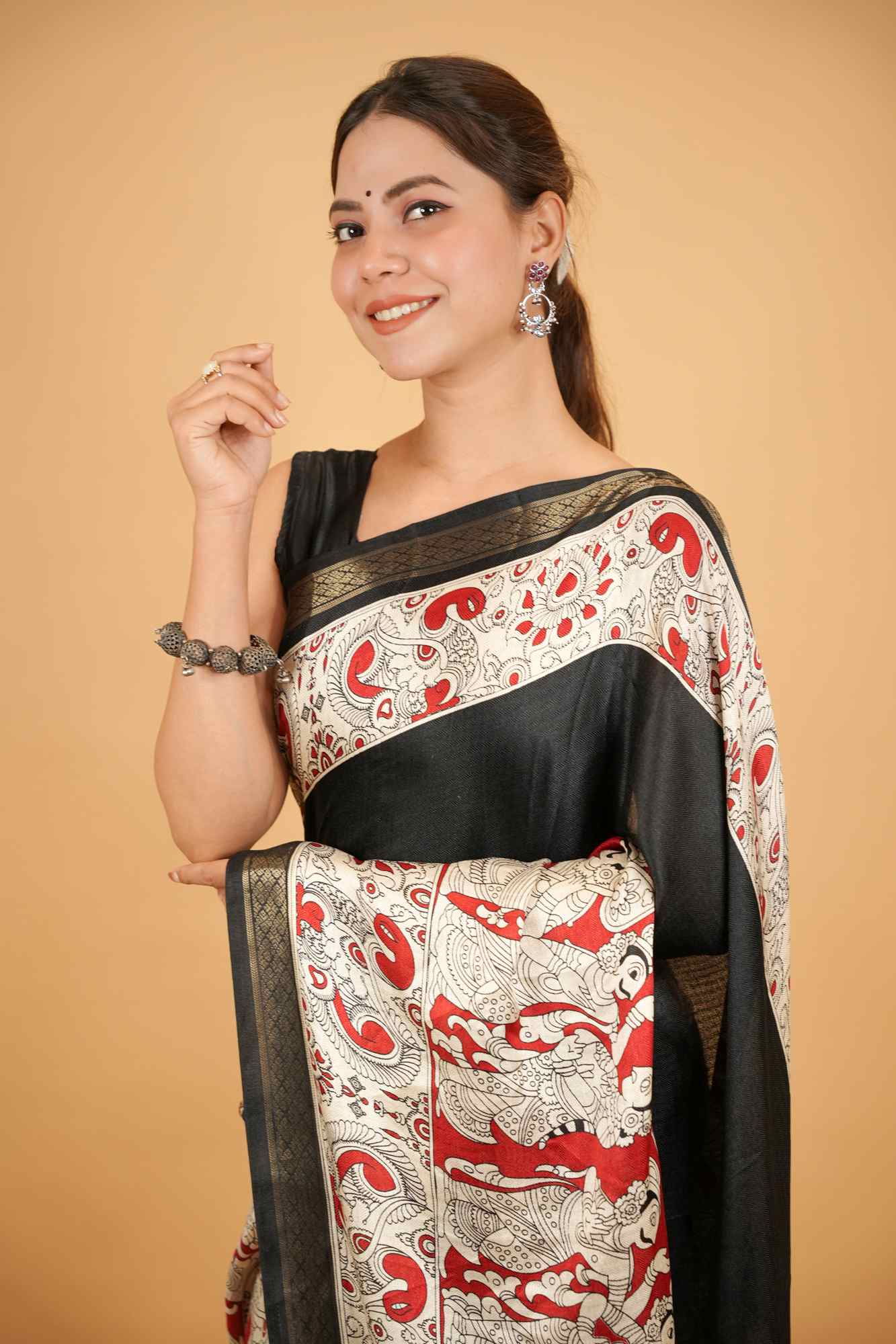 Cotton Crape Silk With Kalamkari Work Ready To Wear Saree