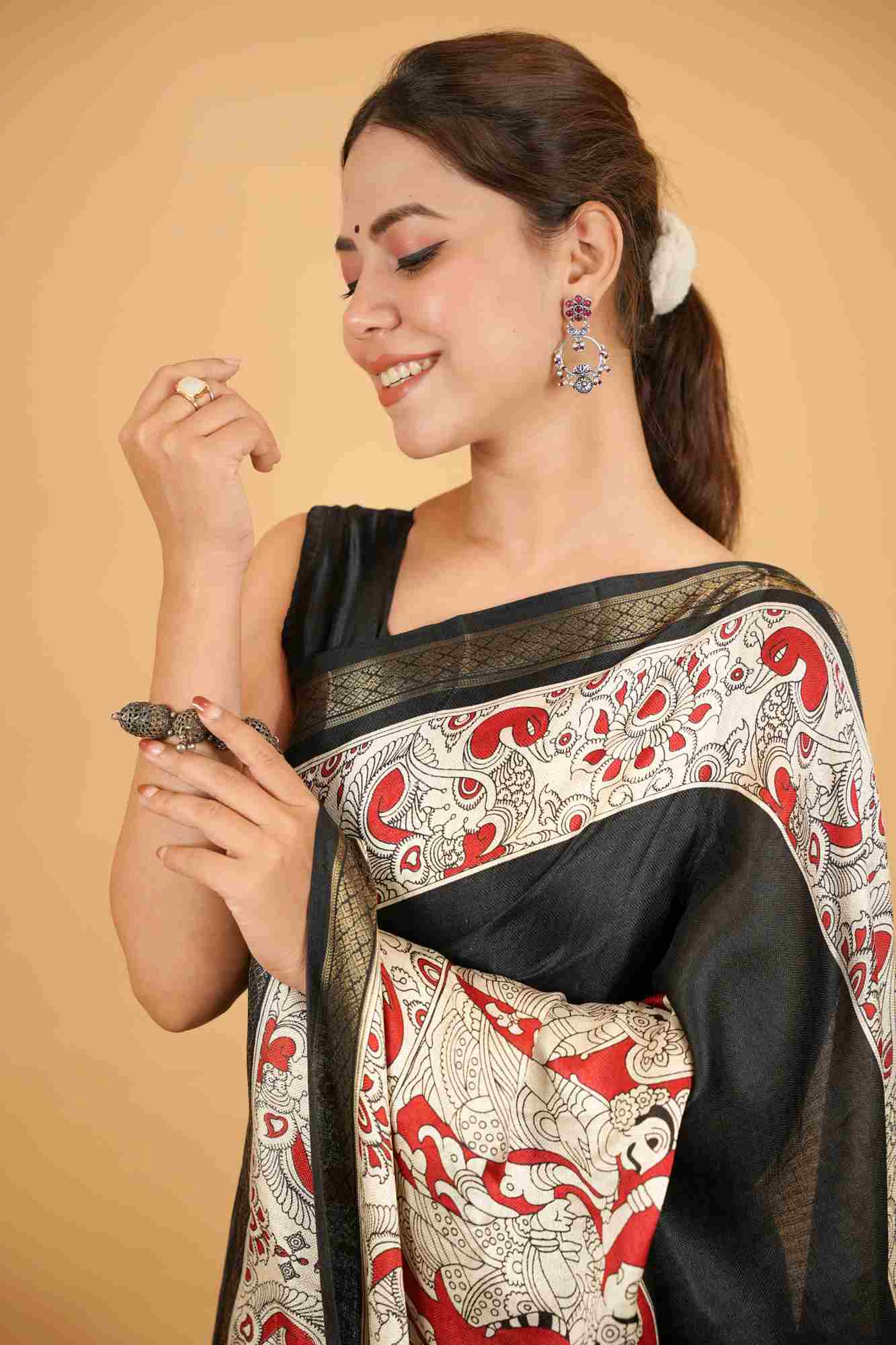Cotton Crape Silk With Kalamkari Work Ready To Wear Saree