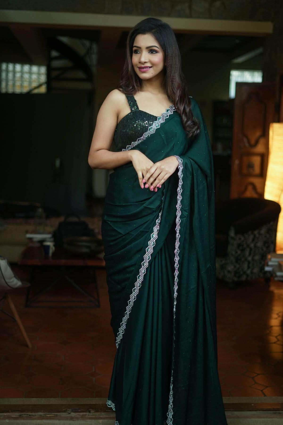 Shamoo Satin Silk saree in Bottle Green with elegant crystal work | Shobitam