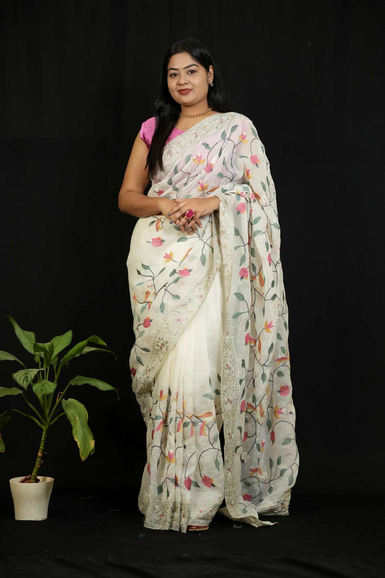 Crunchy Organza with Intricate Thread Embroidery Ready To Wear Saree