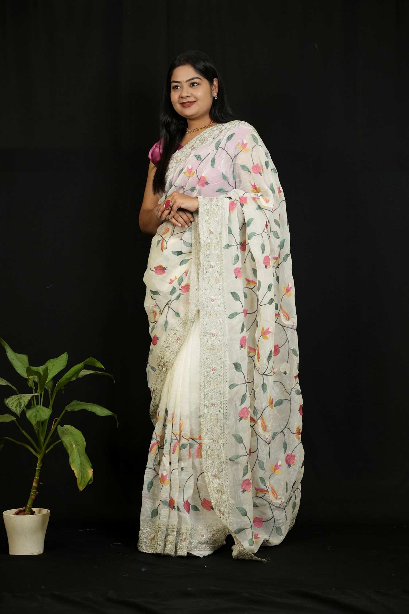 Crunchy Organza with Intricate Thread Embroidery Ready To Wear Saree