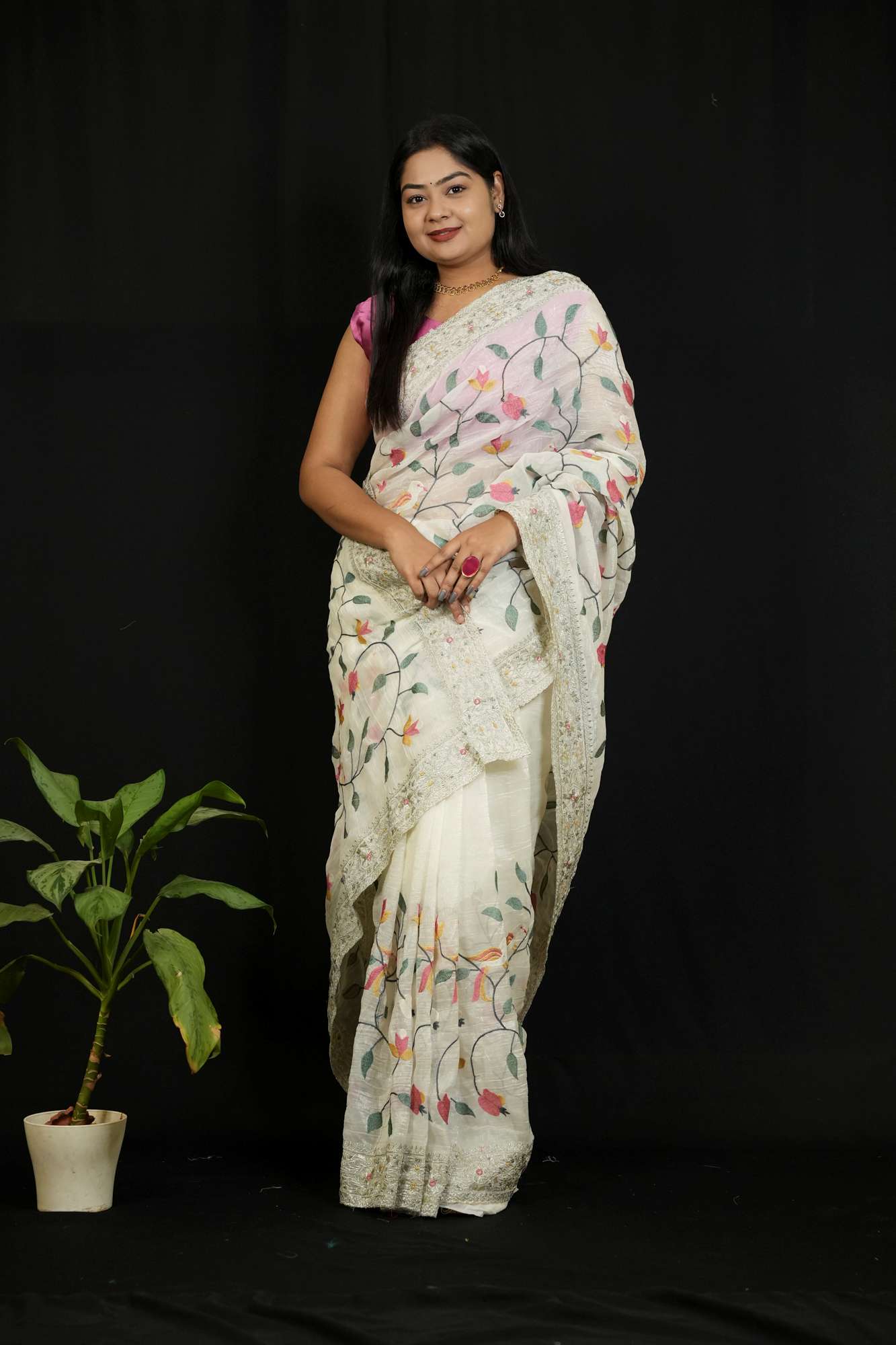 Crunchy Organza with Intricate Thread Embroidery Ready To Wear Saree