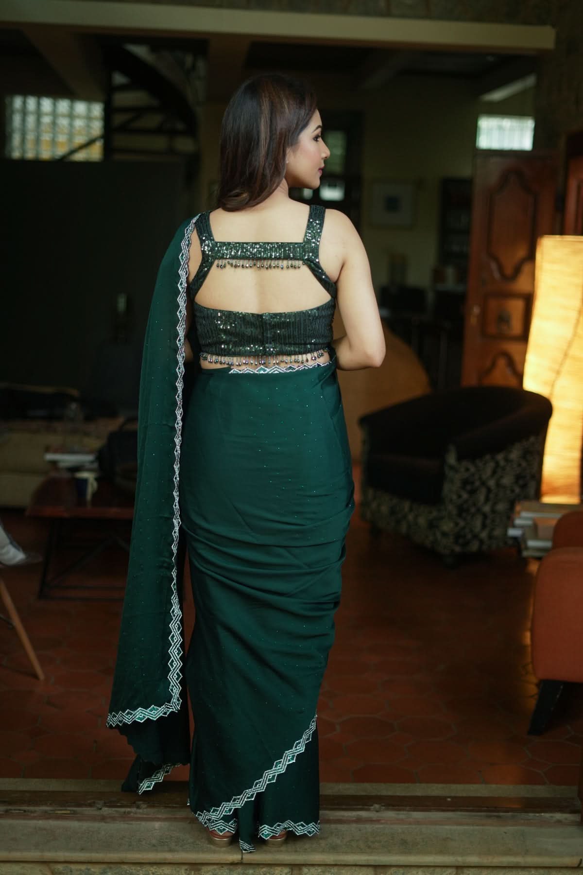 Shamoo Satin Silk saree in Bottle Green with elegant crystal work | Shobitam