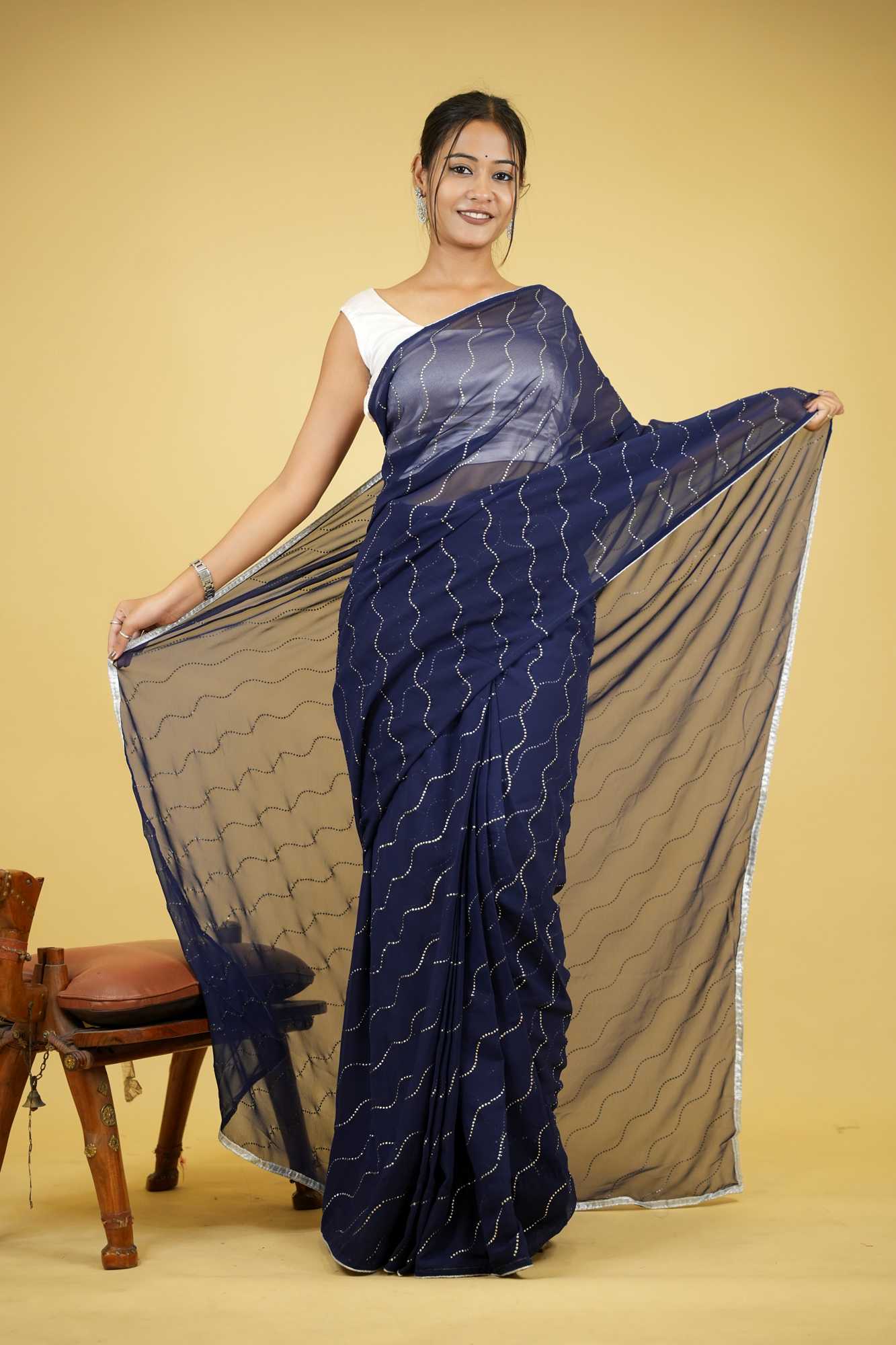Navy Blue Soft Georgette Wave Embellishments Ready to Wear Saree
