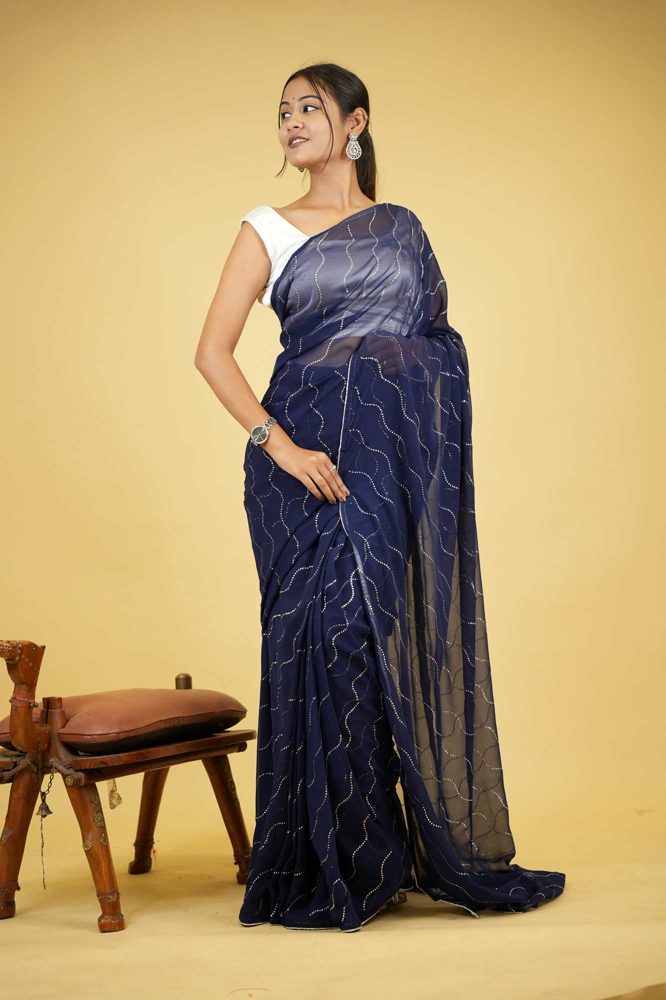 Navy Blue Soft Georgette Wave Embellishments Ready to Wear Saree