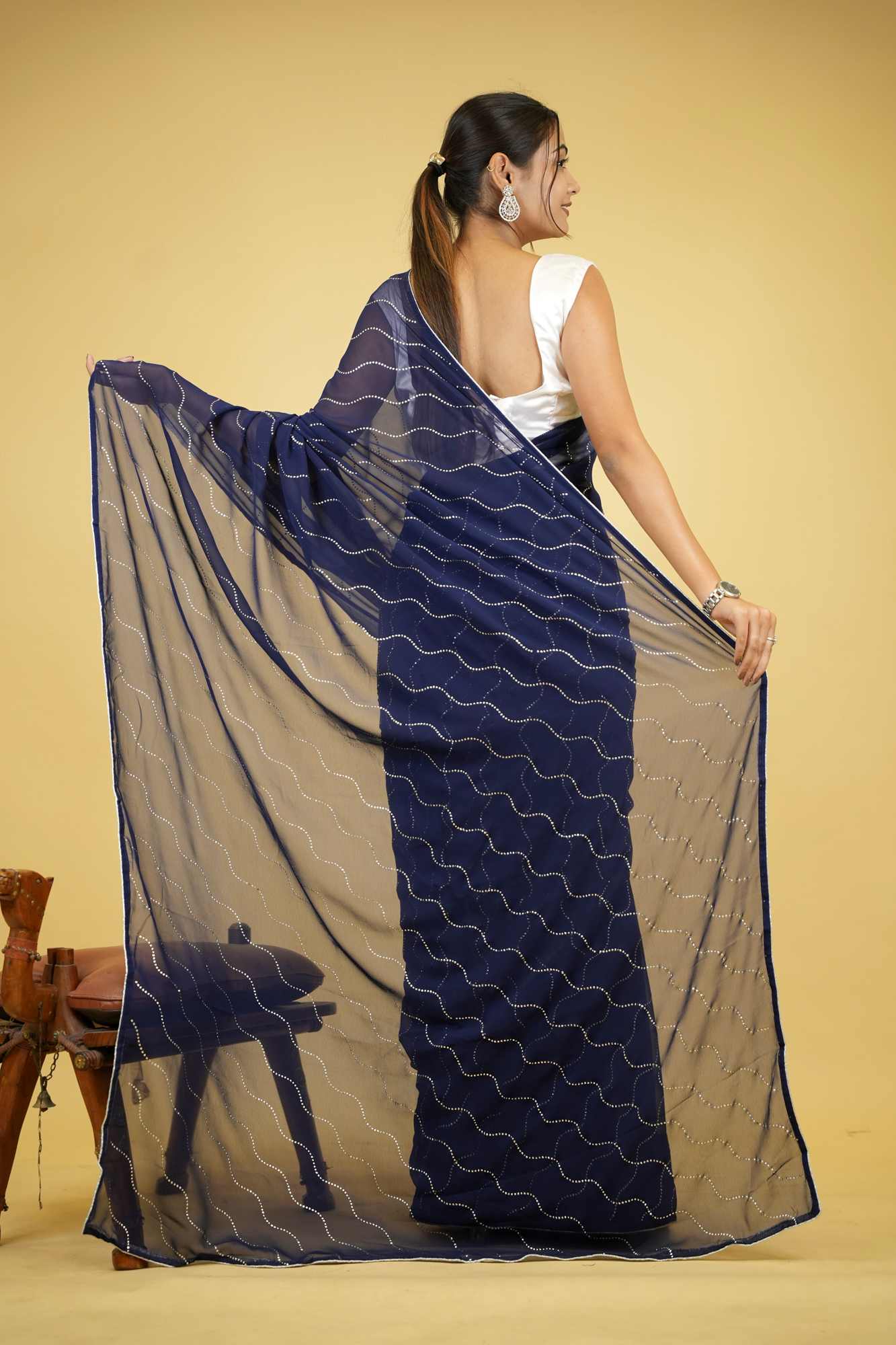 Navy Blue Soft Georgette Wave Embellishments Ready to Wear Saree