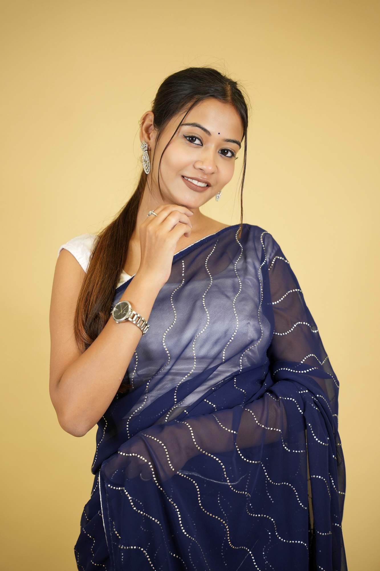 Navy Blue Soft Georgette Wave Embellishments Ready to Wear Saree