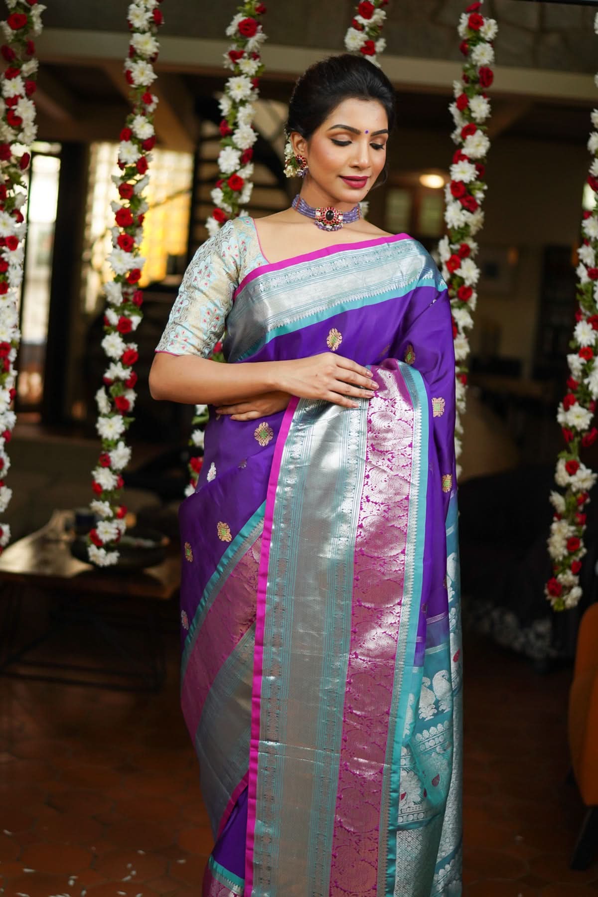 Muggu Design Meenakari Gadwal Silk Saree in Purple with Two Tone  Border | SILK MARK CERTIFIED | Shobitam