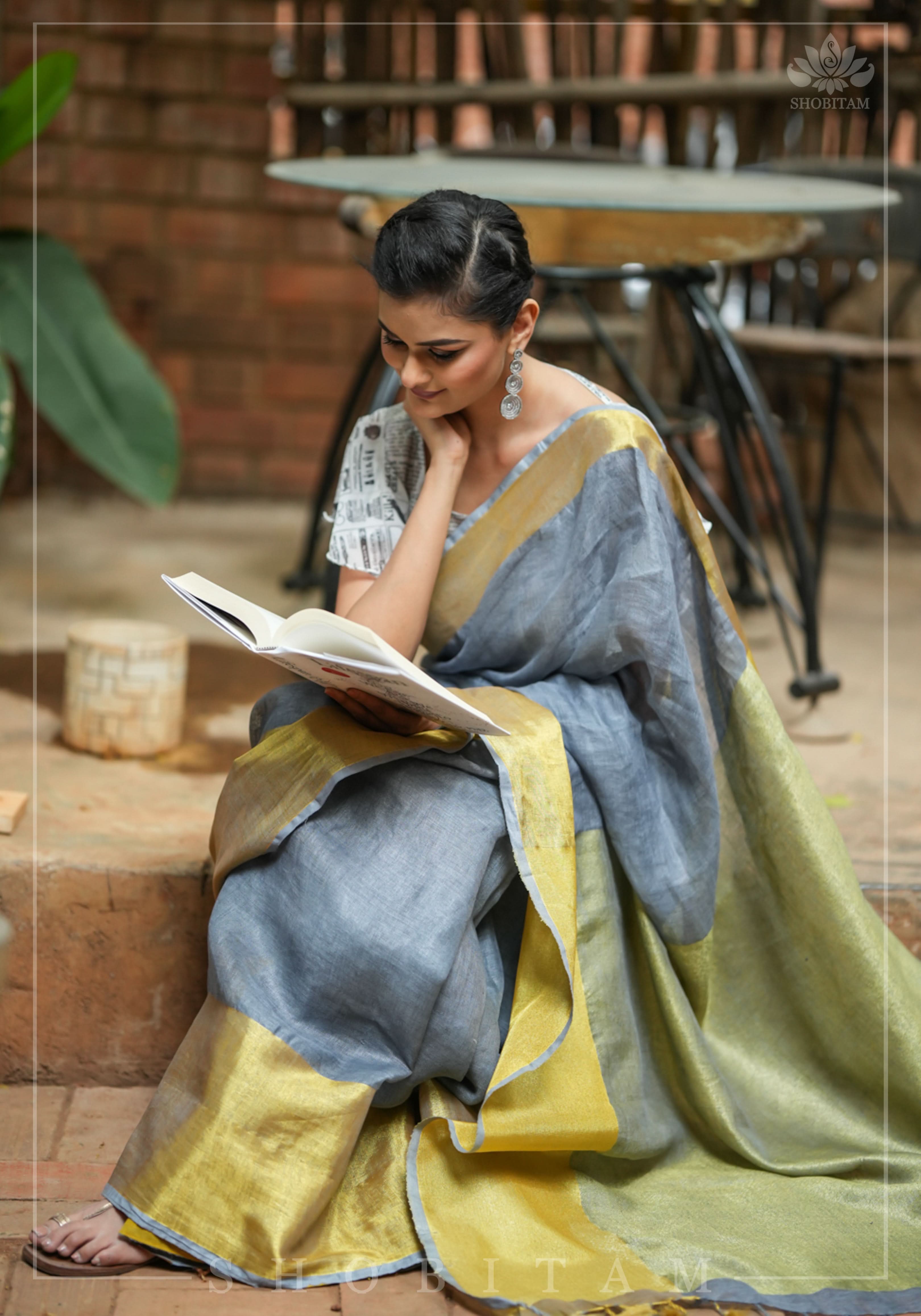 Gray Linen Saree with Wide Border | Shobitam