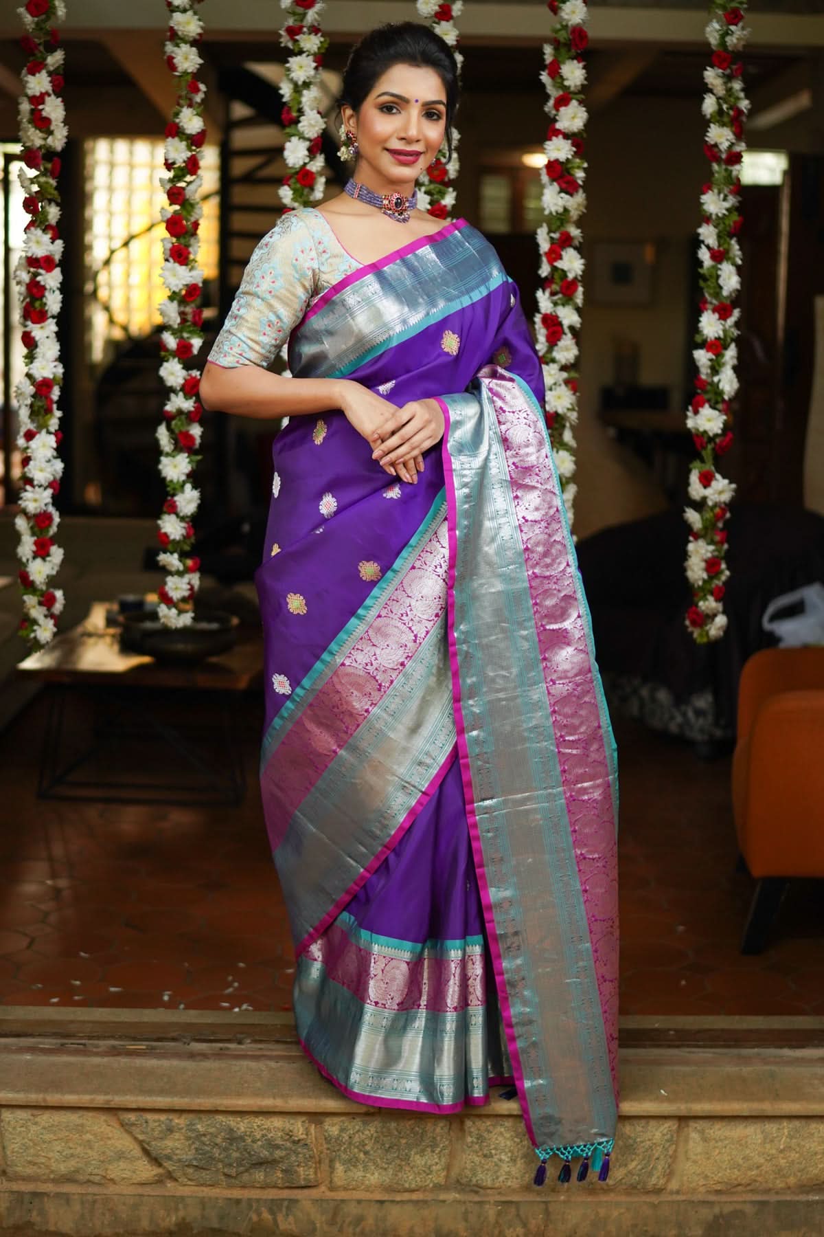 Muggu Design Meenakari Gadwal Silk Saree in Purple with Two Tone  Border | SILK MARK CERTIFIED | Shobitam