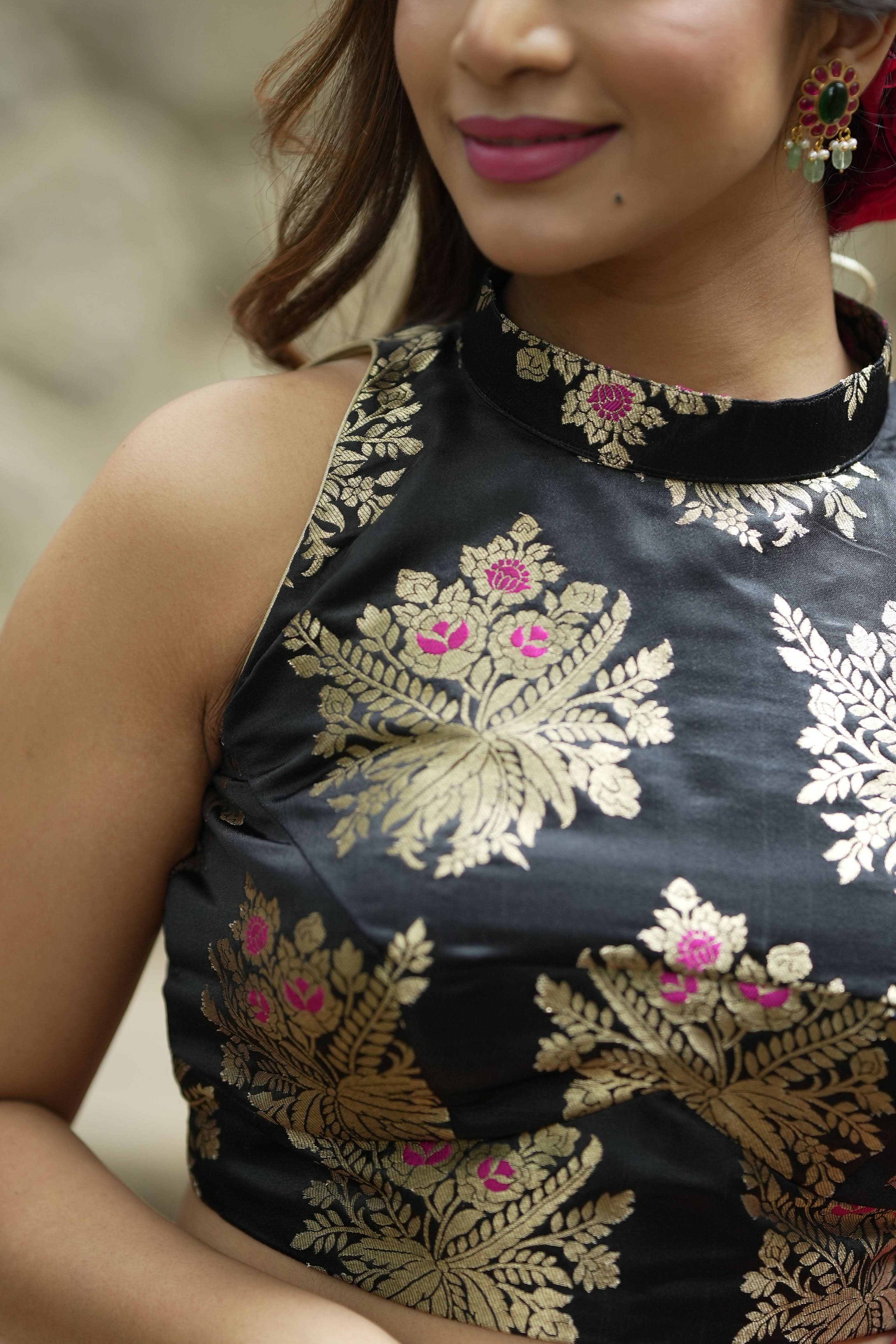 Black Meenakari halter neck mix and match blouse for saree, Made to Order | Shobitam