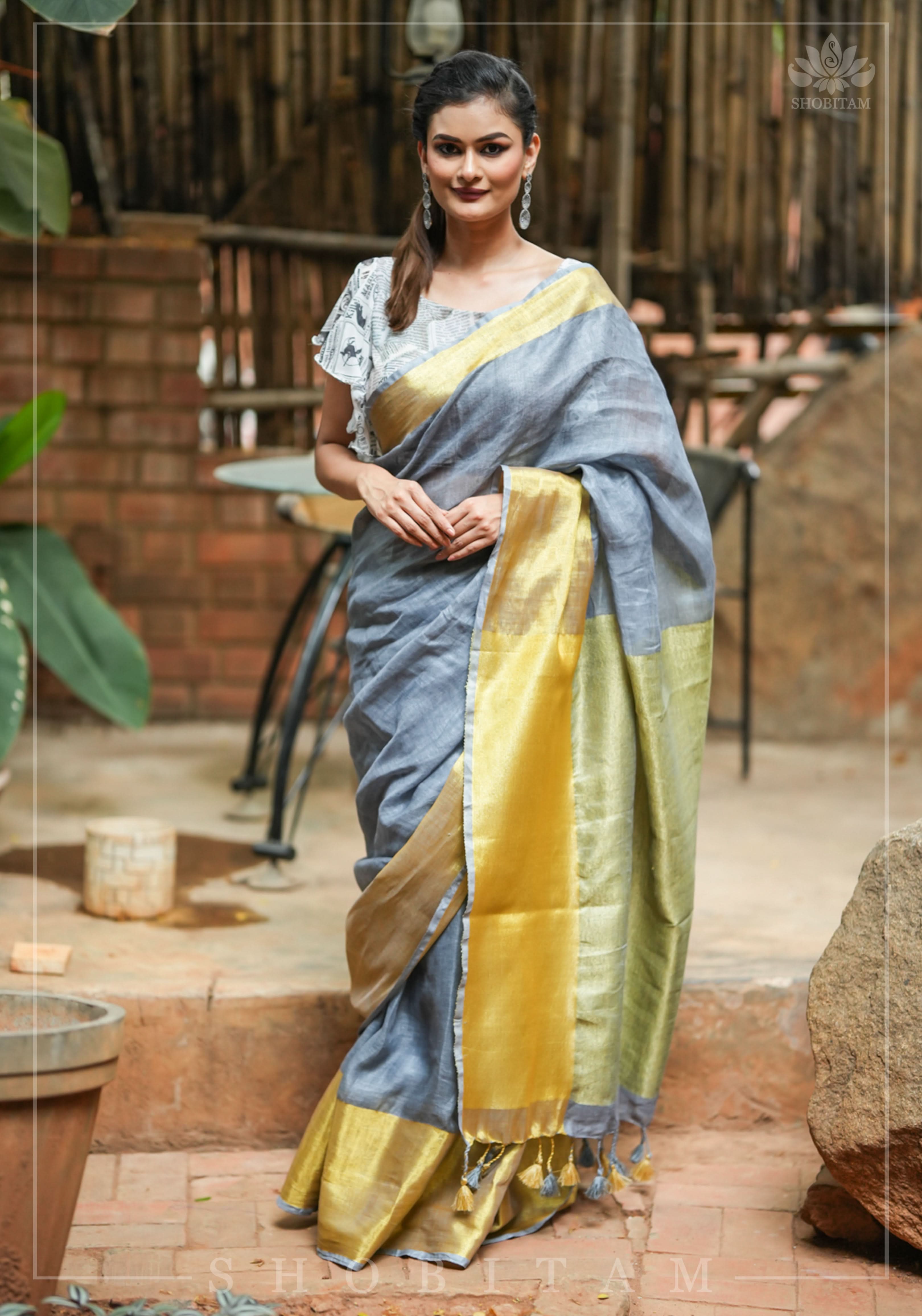 Gray Linen Saree with Wide Border | Shobitam