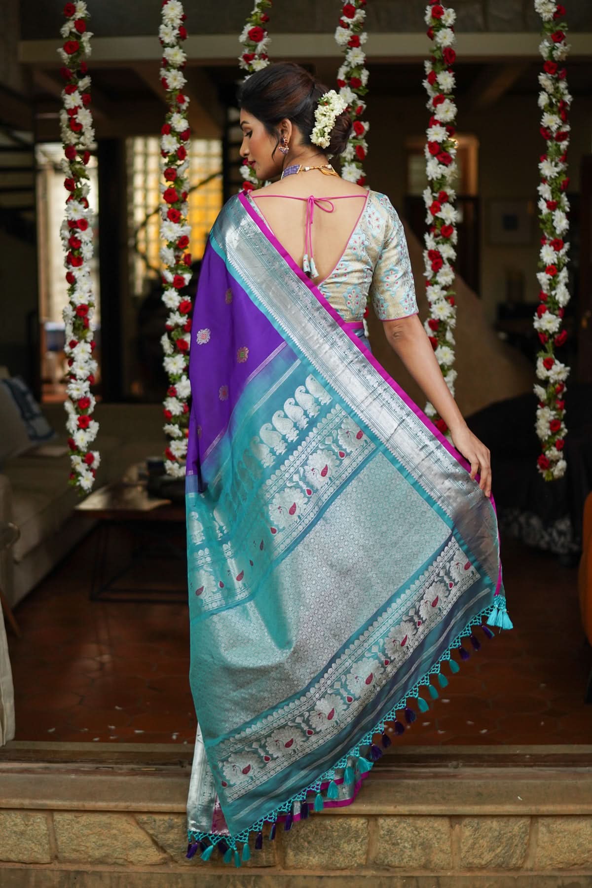 Muggu Design Meenakari Gadwal Silk Saree in Purple with Two Tone  Border | SILK MARK CERTIFIED | Shobitam