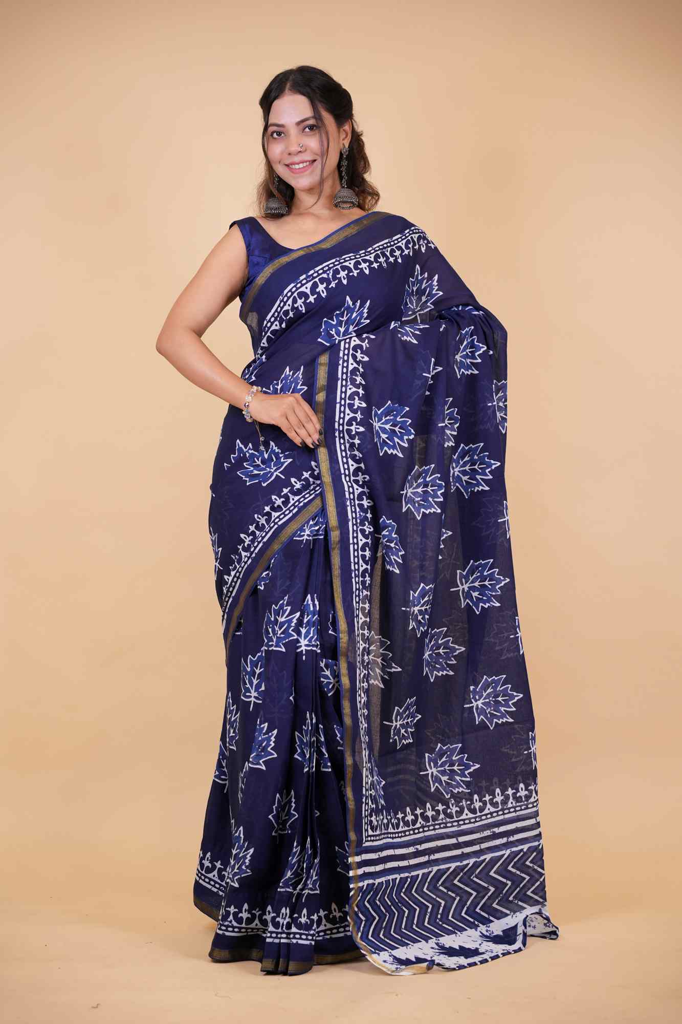 Cotton Vanaspati Ajrakh Printed with Elegant Zari Border Ready To Wear Saree