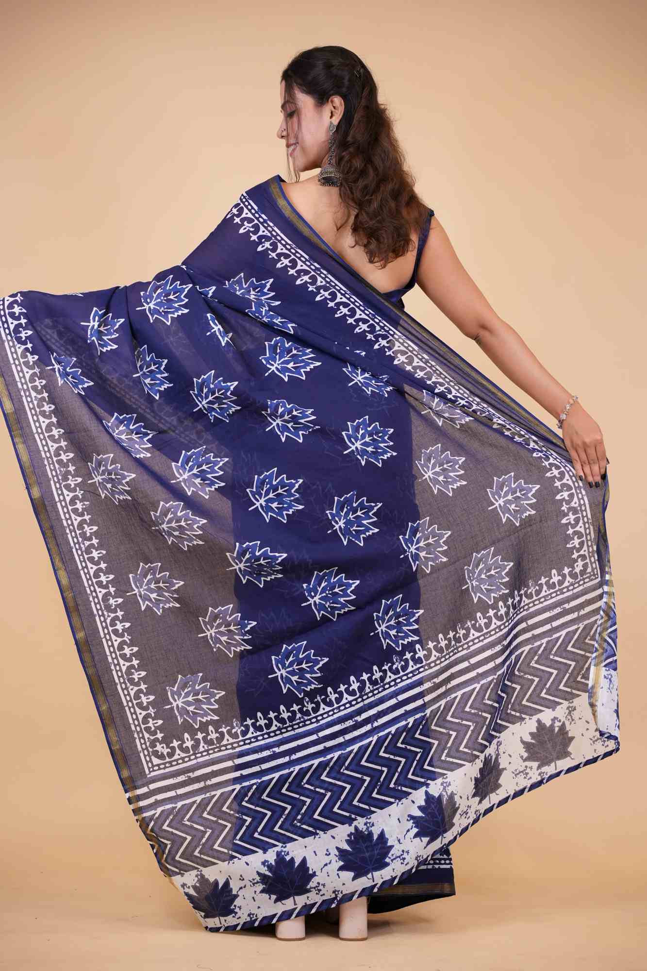 Cotton Vanaspati Ajrakh Printed with Elegant Zari Border Ready To Wear Saree