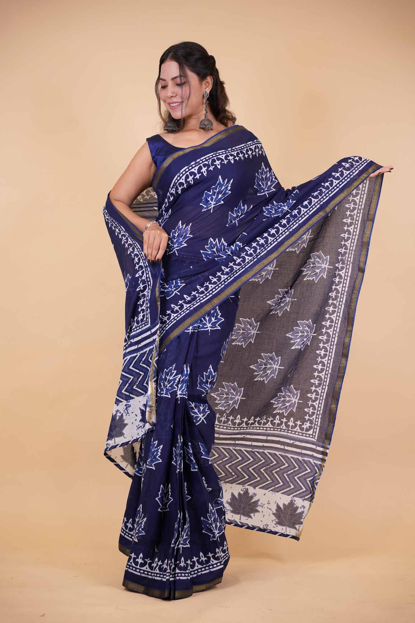 Cotton Vanaspati Ajrakh Printed with Elegant Zari Border Ready To Wear Saree