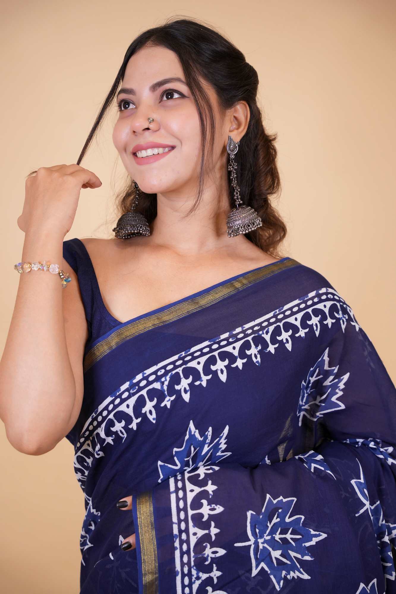 Cotton Vanaspati Ajrakh Printed with Elegant Zari Border Ready To Wear Saree