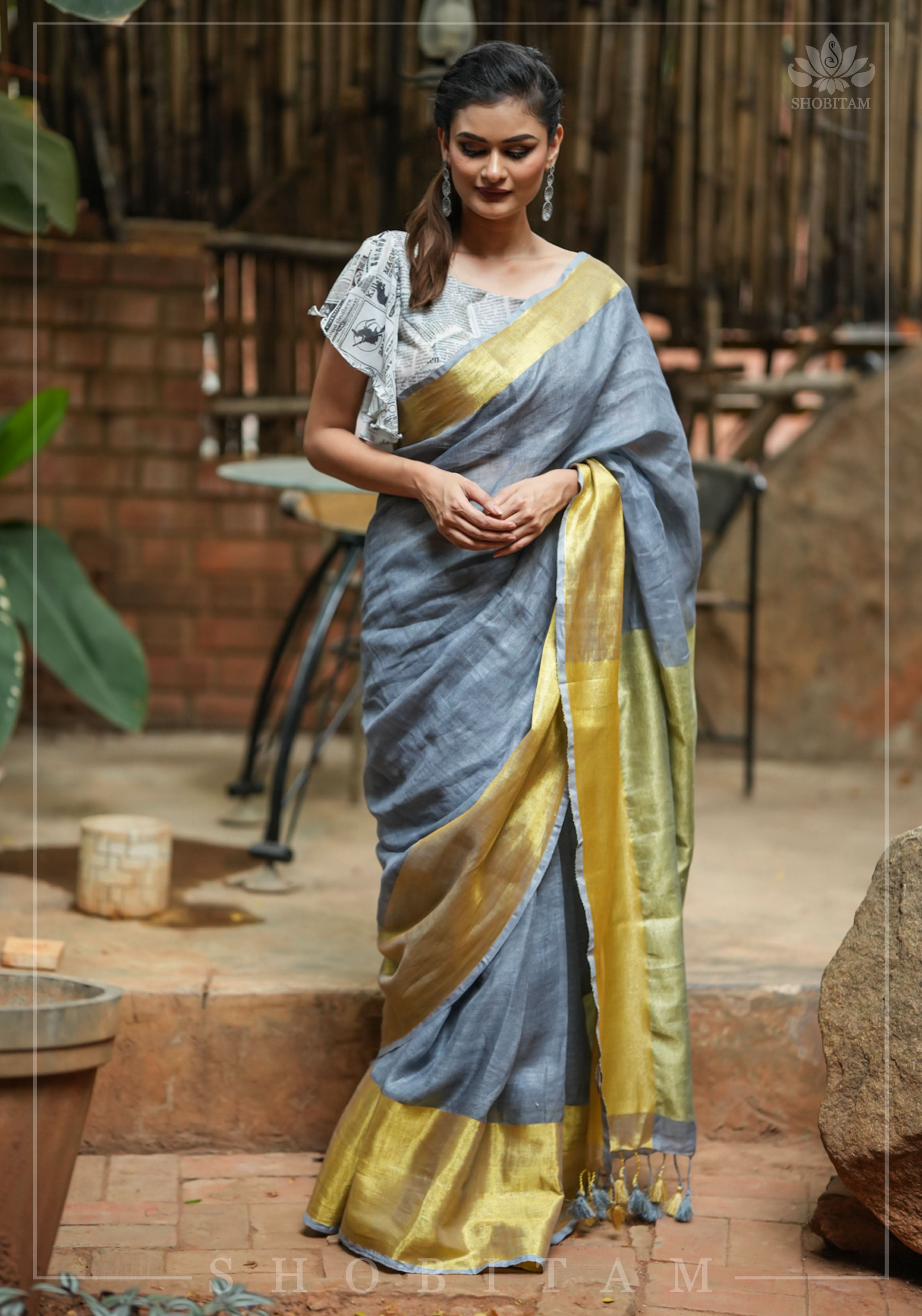 Gray Linen Saree with Wide Border | Shobitam