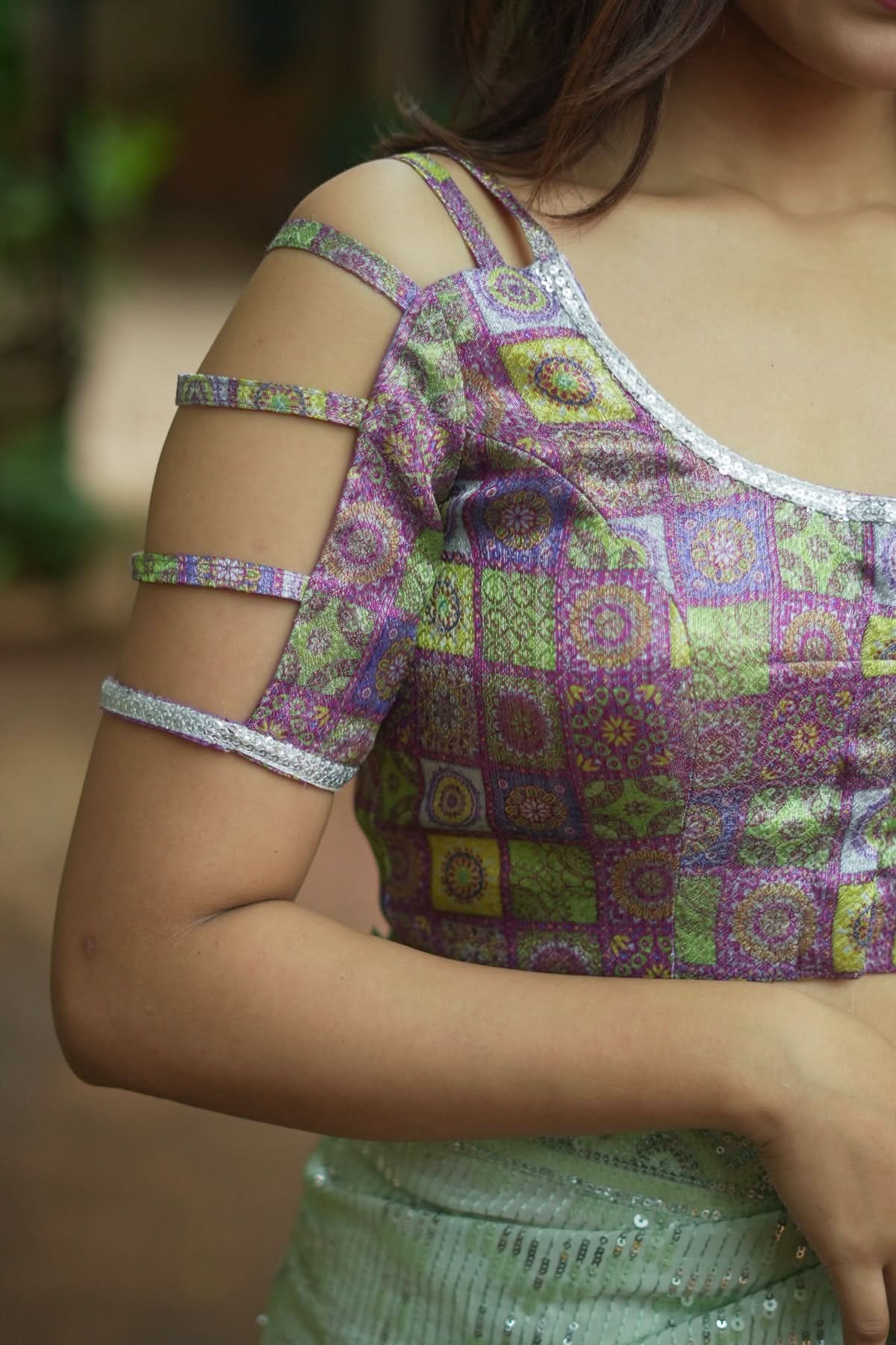 Multicolor Printed Blouse on Lavender Base with multi-strapped sleeves | Shobitam