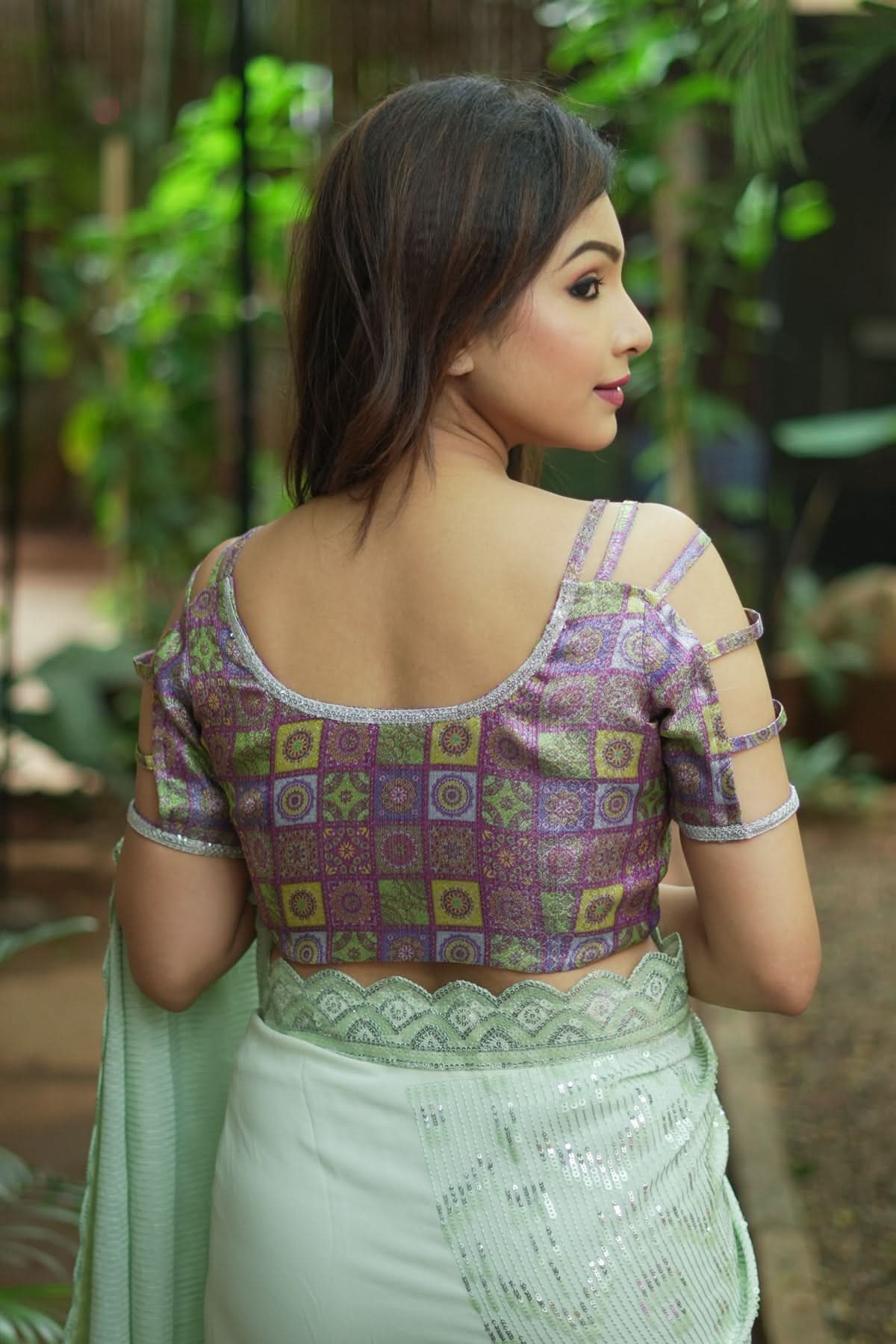 Multicolor Printed Blouse on Lavender Base with multi-strapped sleeves | Shobitam