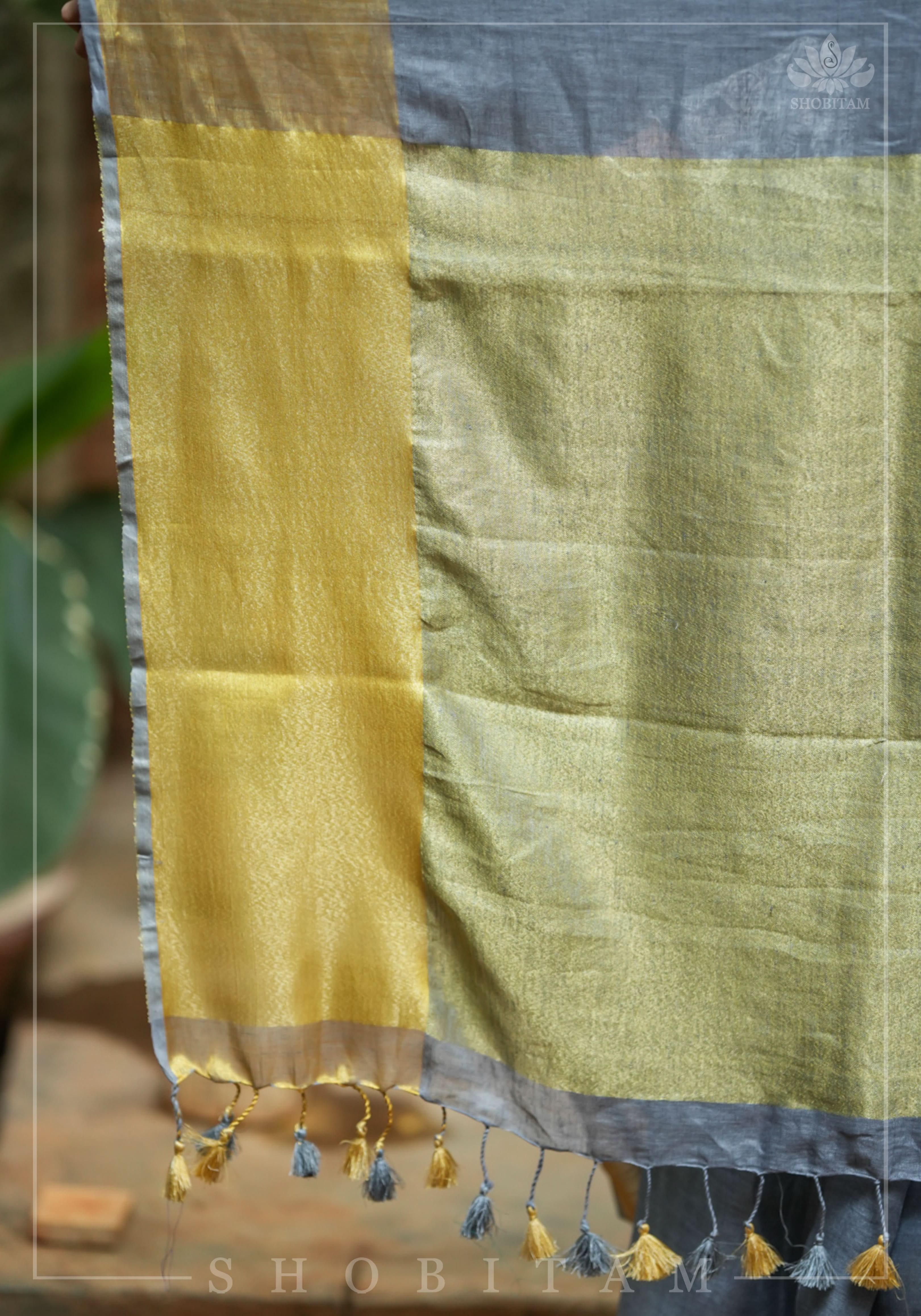 Gray Linen Saree with Wide Border | Shobitam