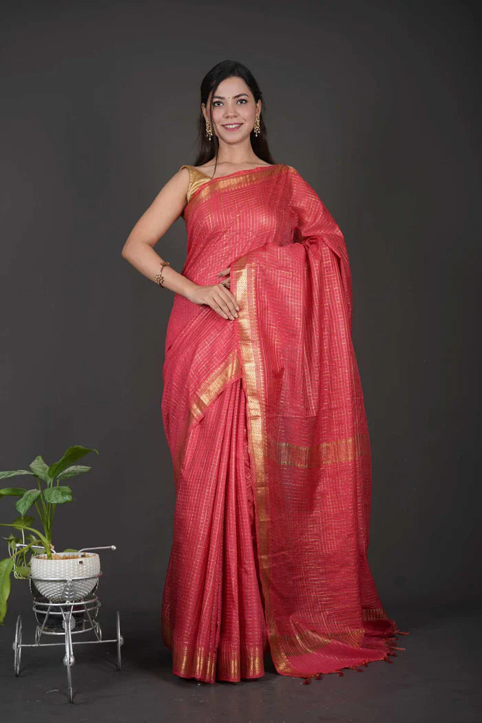 Red Bhagalpuri Silk with All Over Checks Weaving & Tassle on Pallu Ready To Wear Saree