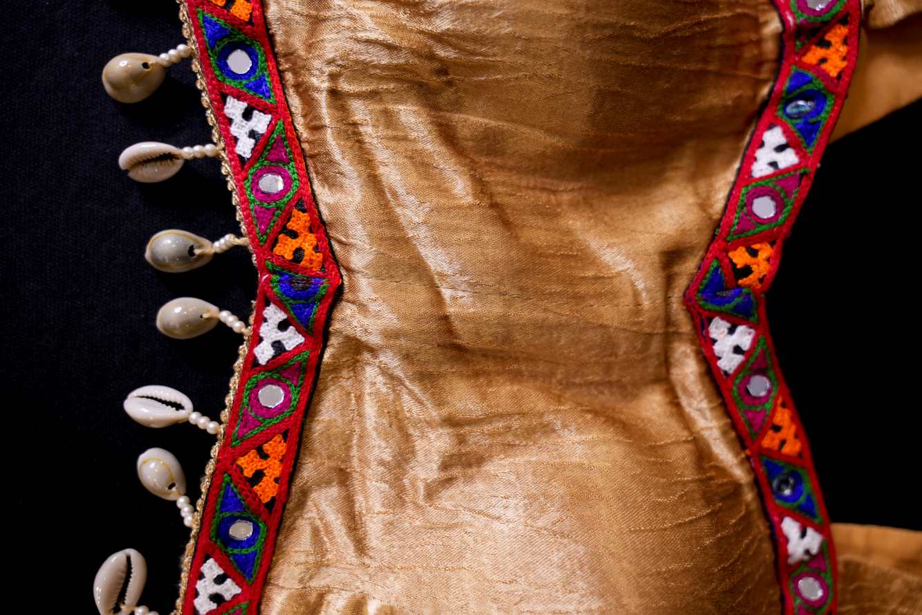 Stylish Navratri-Inspired Golden with Multicolor Embroidered Bordered & Kaudi At Bottom With Designer Blouse