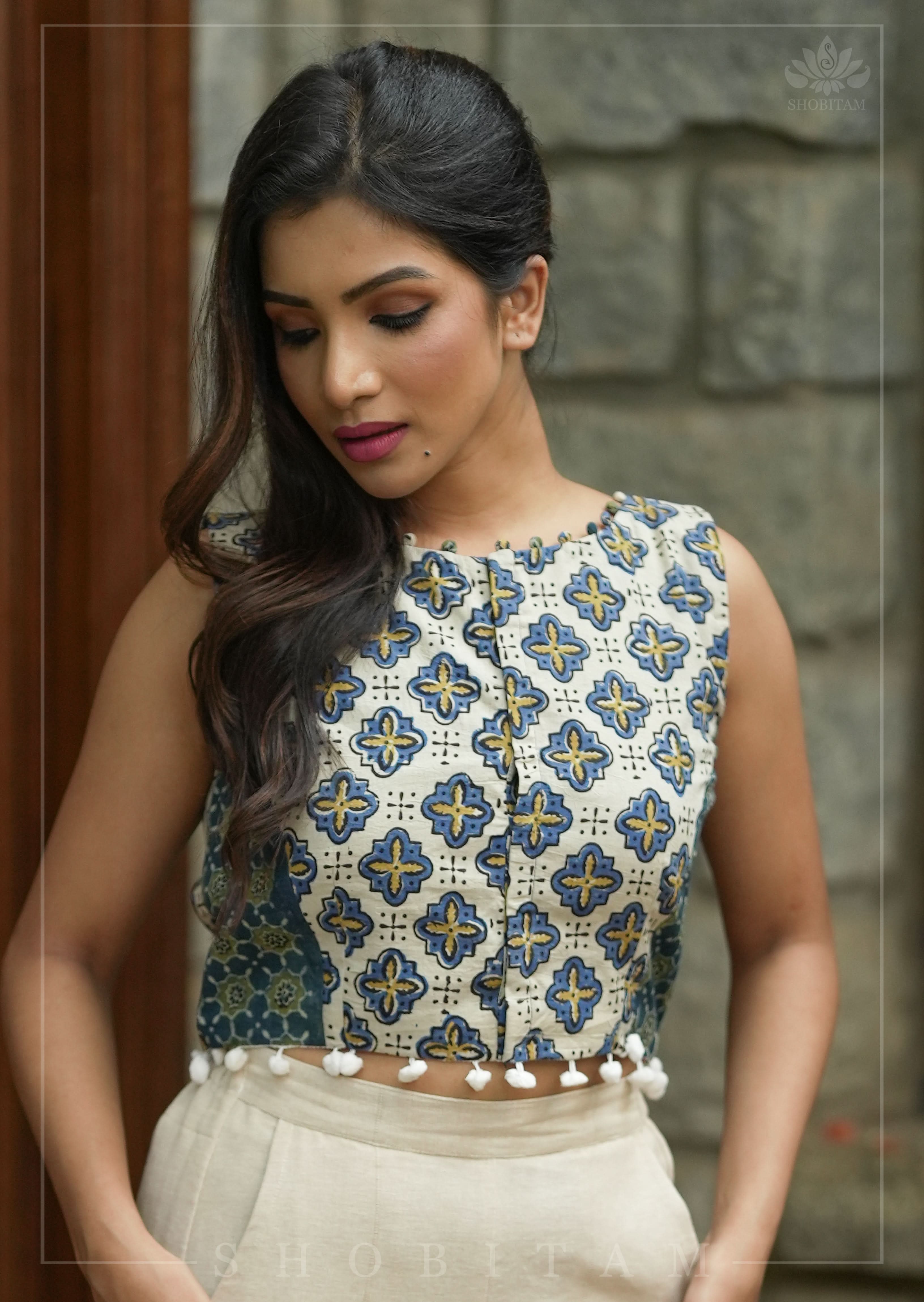 Indigo Crop Top with 2 fabric Hand Block Print on Pure Cotton with Pompom and potli button detailing | Shobitam
