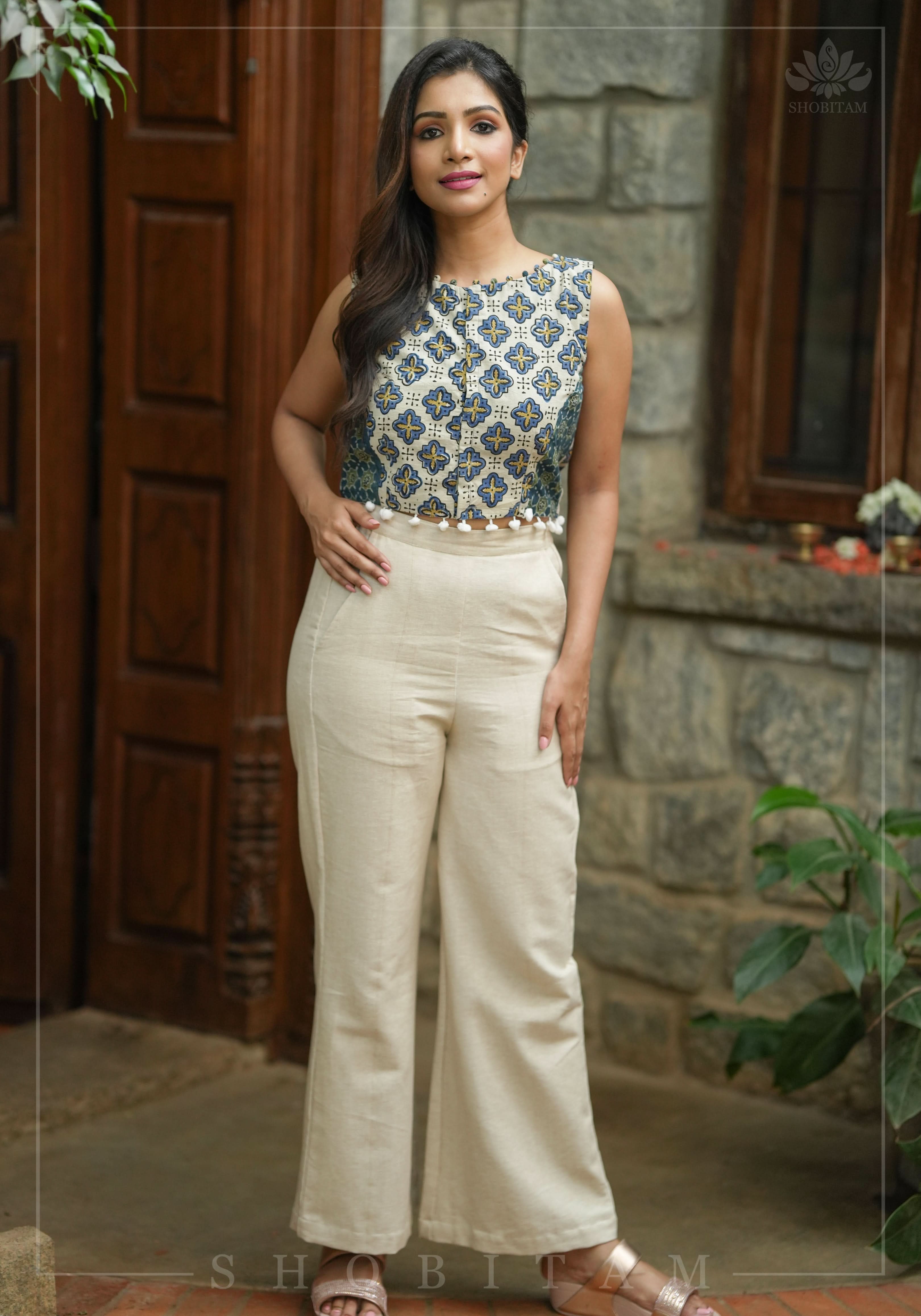 Indigo Crop Top with 2 fabric Hand Block Print on Pure Cotton with Pompom and potli button detailing | Shobitam