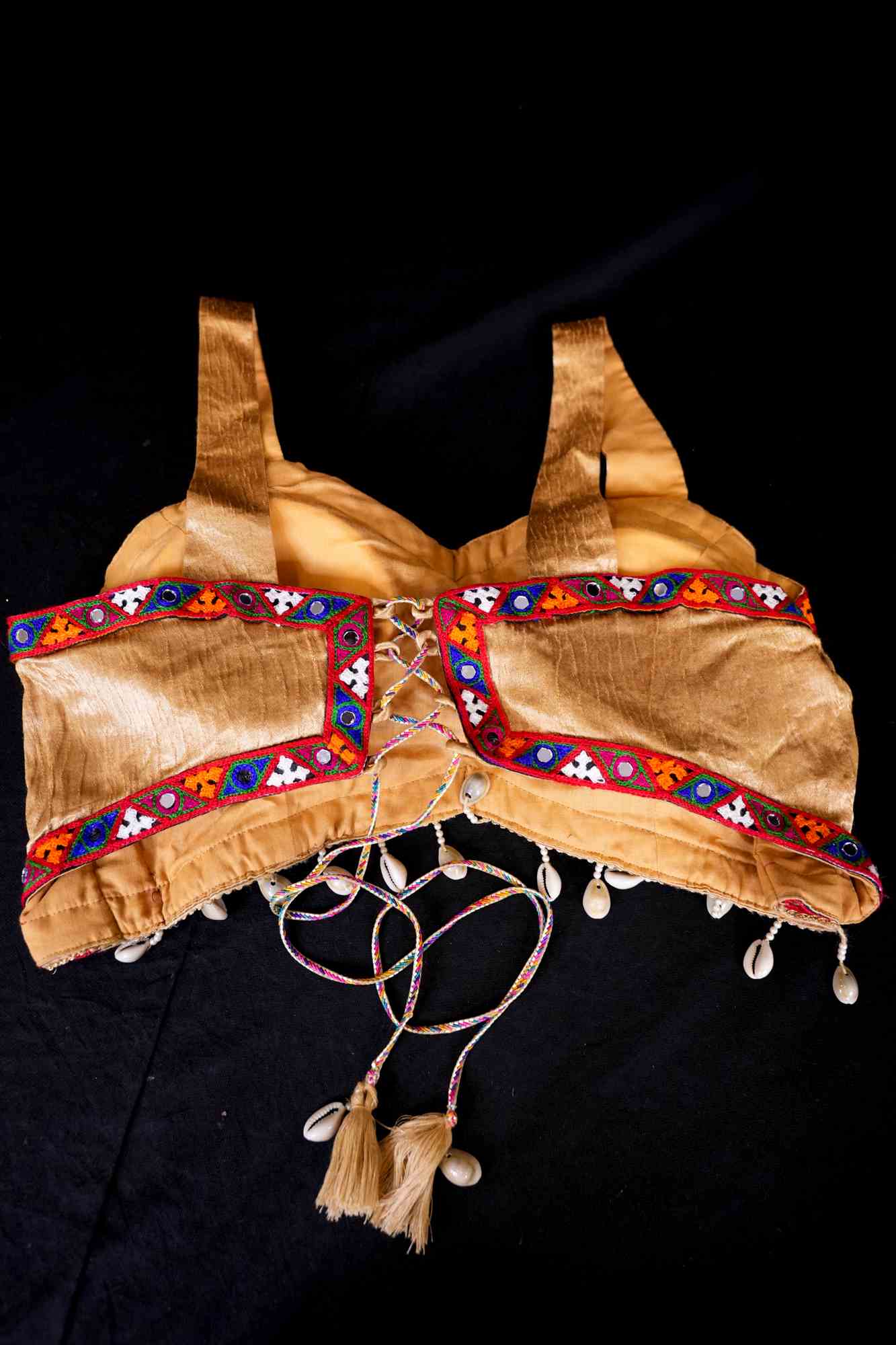 Stylish Navratri-Inspired Golden with Multicolor Embroidered Bordered & Kaudi At Bottom With Designer Blouse