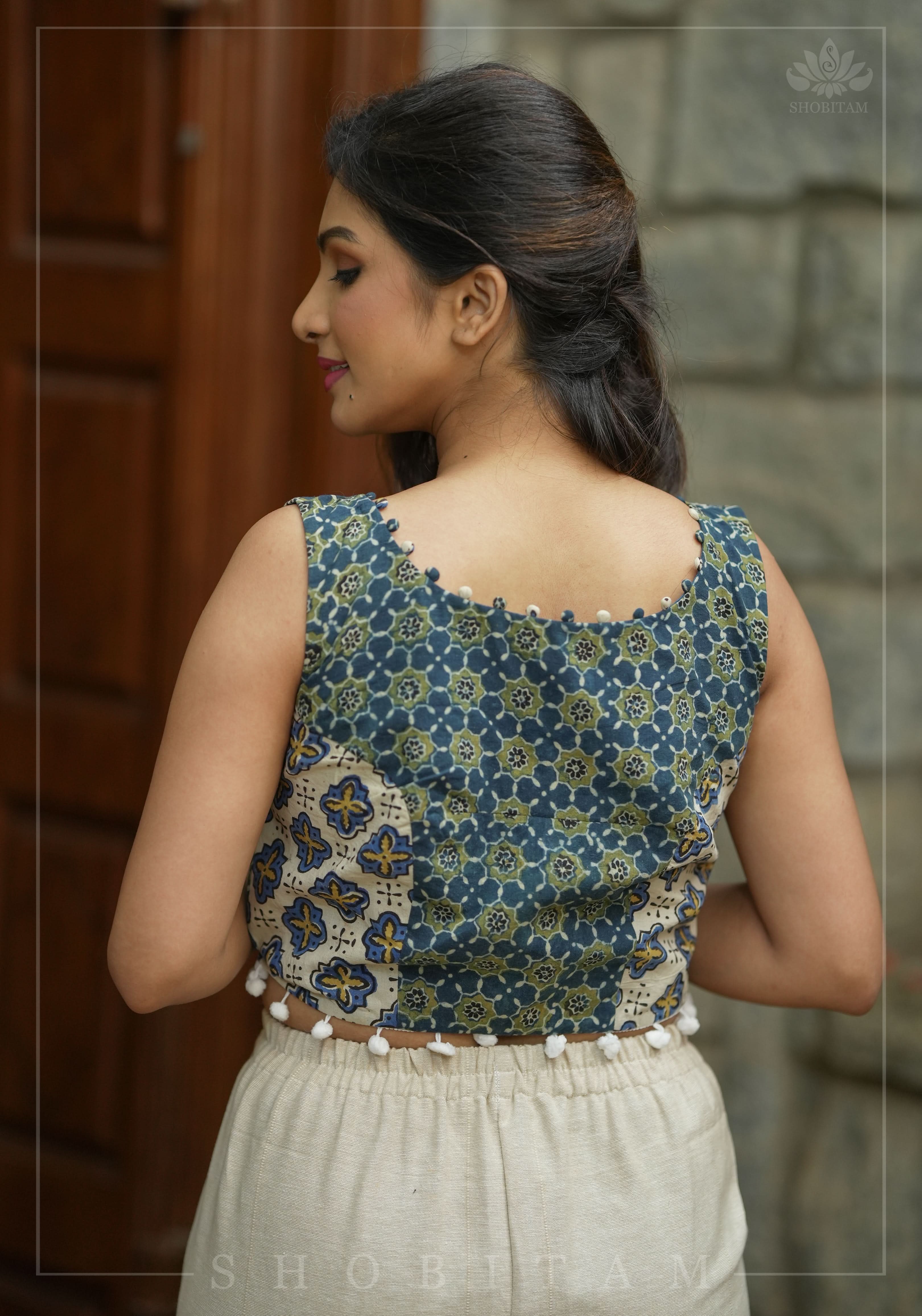 Indigo Crop Top with 2 fabric Hand Block Print on Pure Cotton with Pompom and potli button detailing | Shobitam