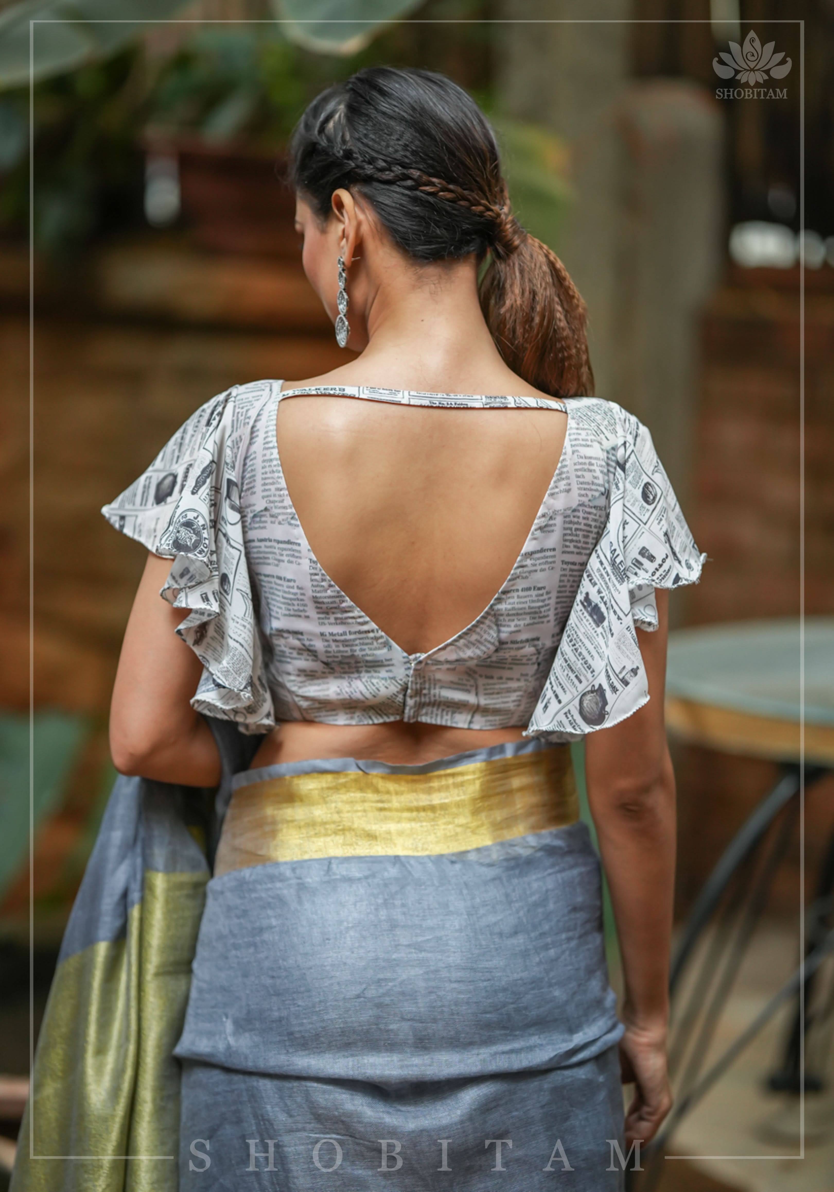 Newspaper Print Blouse with Ruffle Sleeves in Georgette! | Shobitam