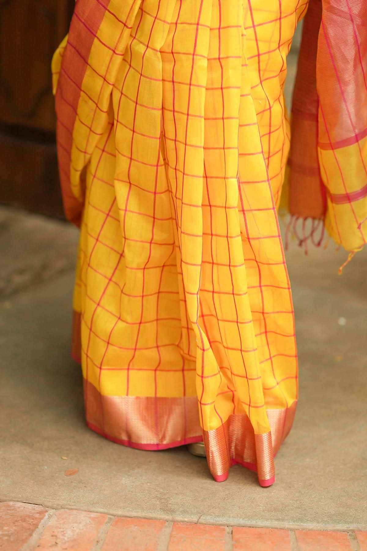 Handwoven Maheshwari Silk Cotton Saree  in Yellow and Gold with checks | Shobitam