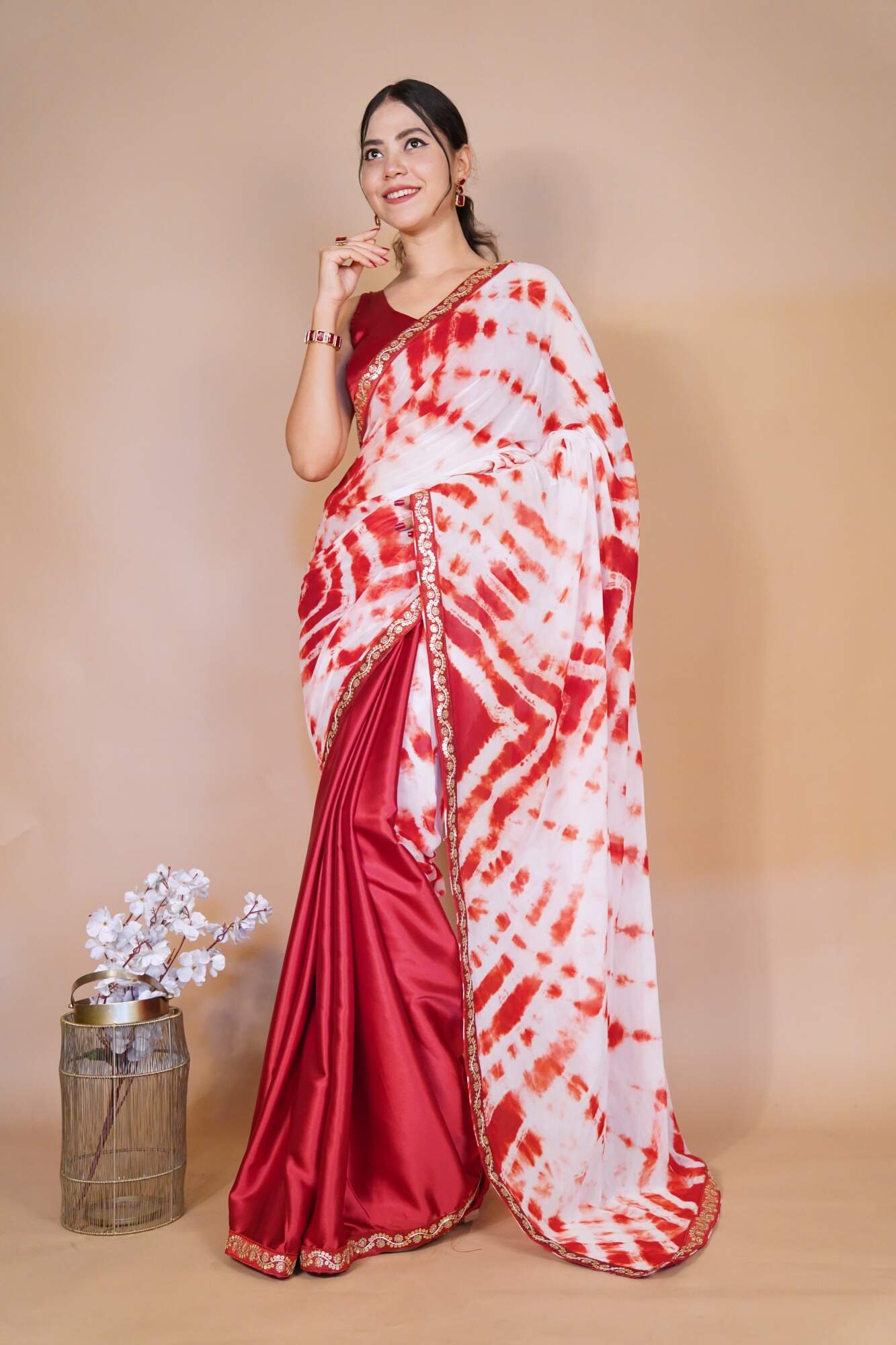Beautiful Lehriya Patterned Shibori Half & Half With Zari Embellished Lace Ready To Wear Saree