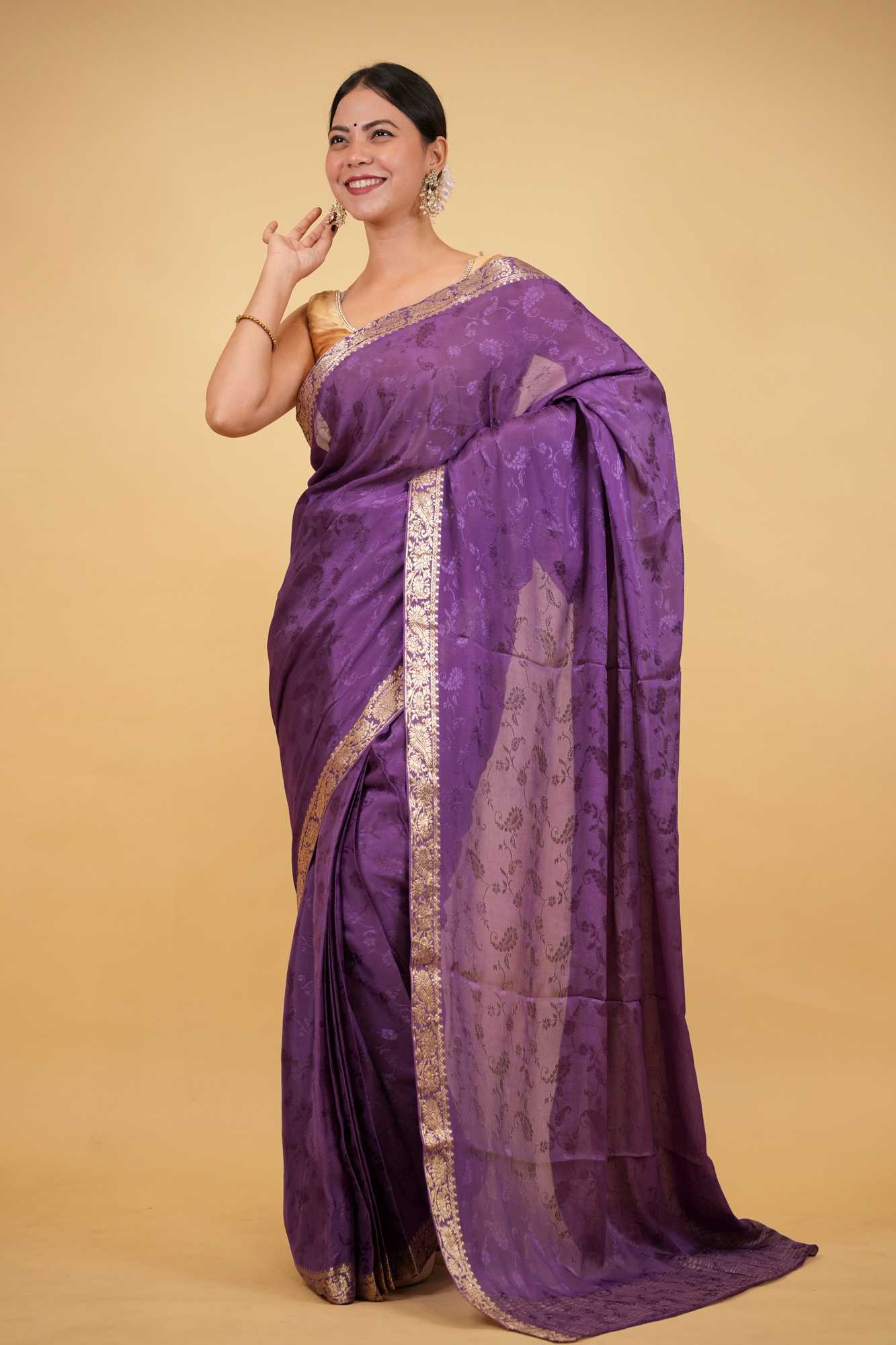 Royal Purple Viscose Chinon with Elegant All-Over Weaving Pattern Ready To Wear Saree