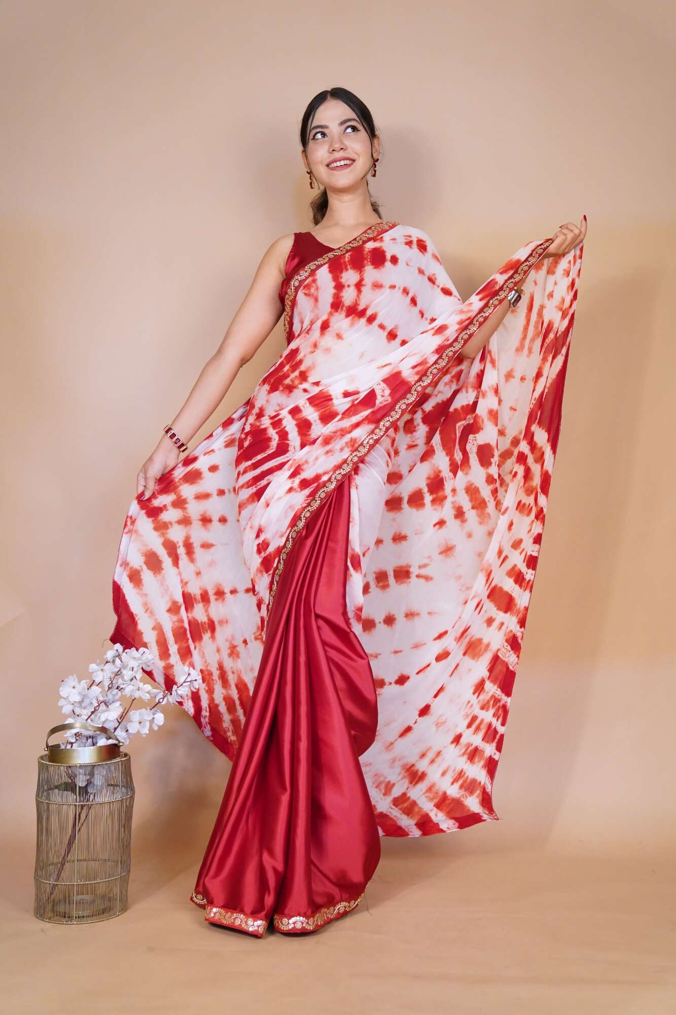 Beautiful Lehriya Patterned Shibori Half & Half With Zari Embellished Lace Ready To Wear Saree
