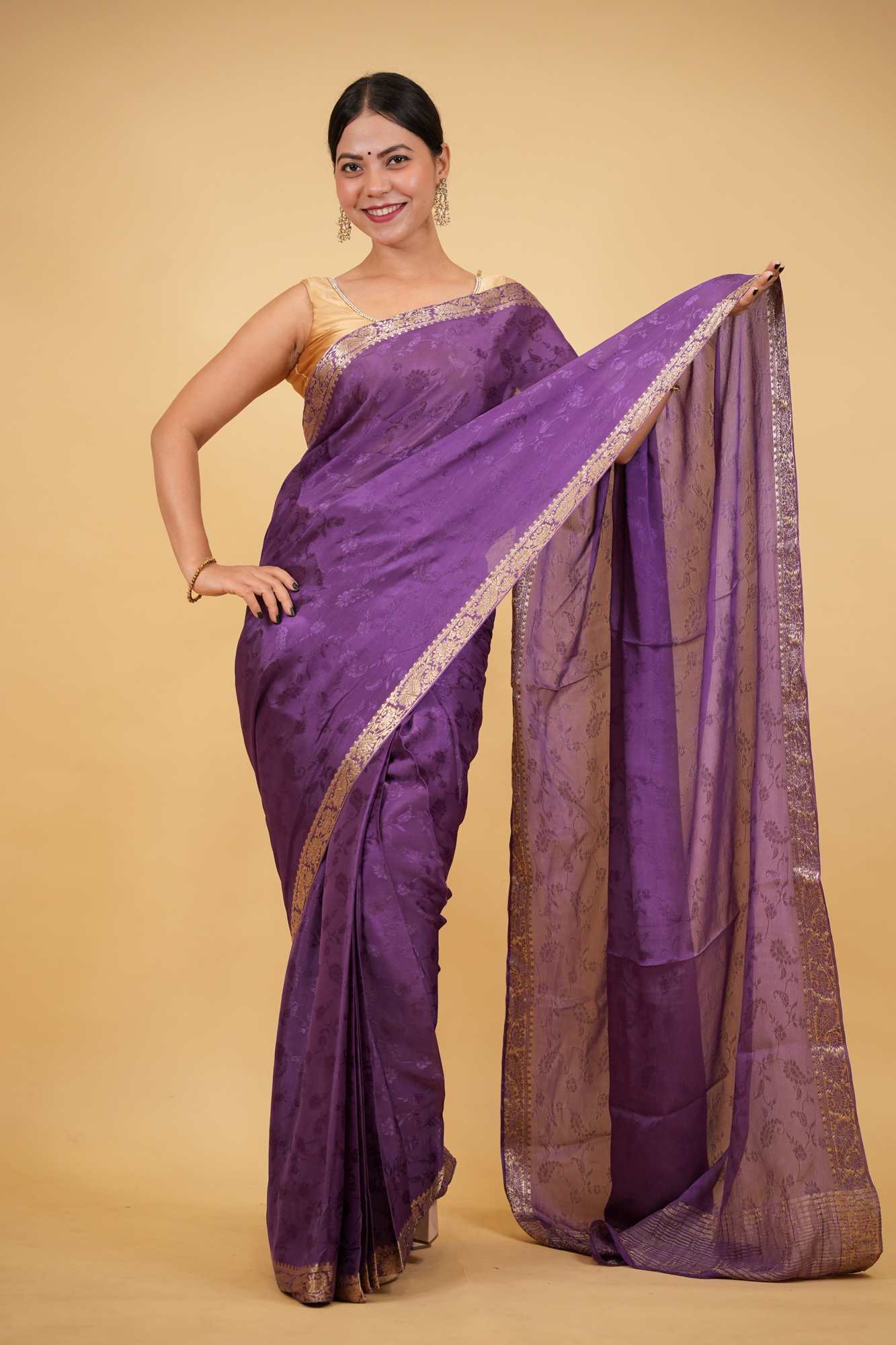 Royal Purple Viscose Chinon with Elegant All-Over Weaving Pattern Ready To Wear Saree