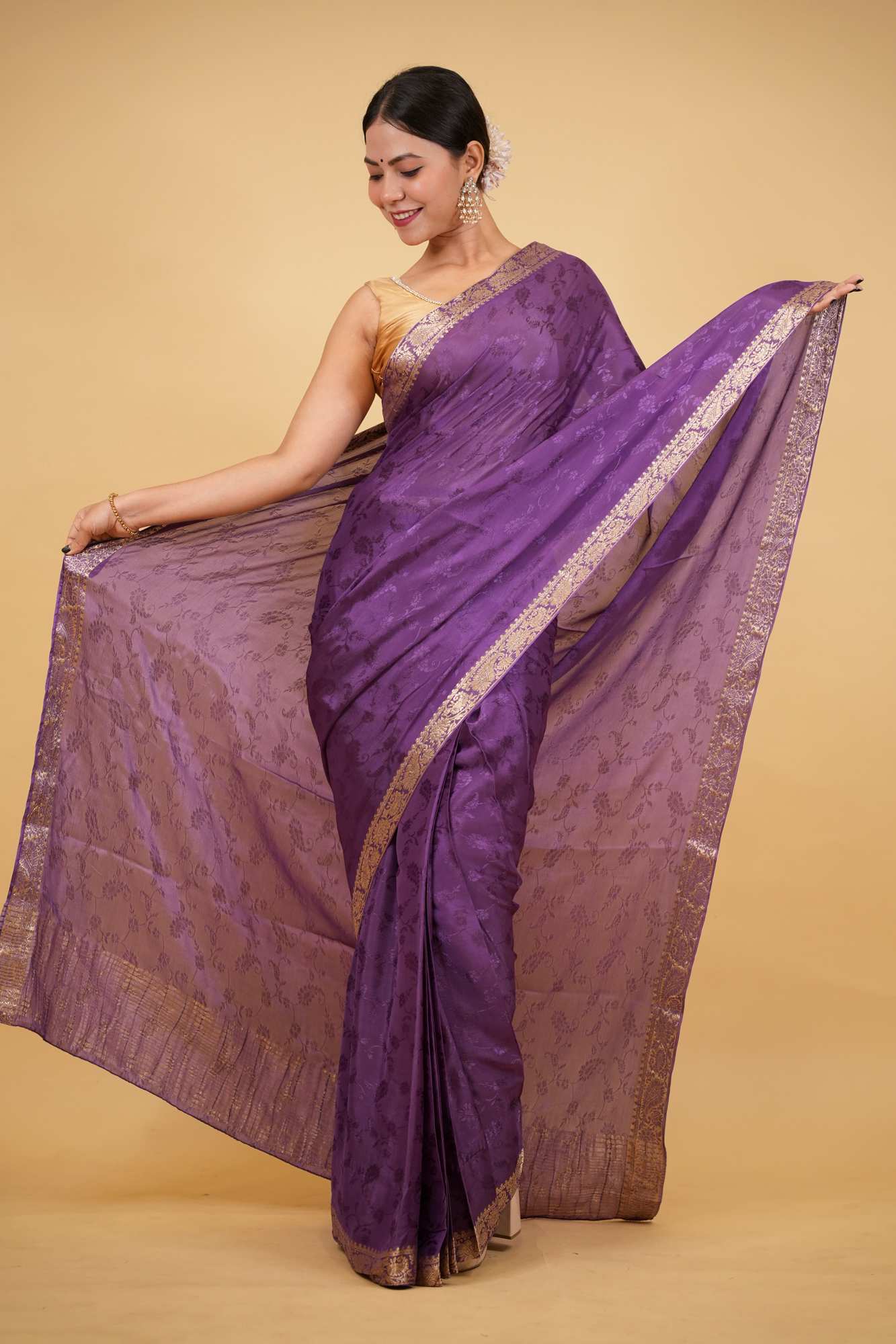 Royal Purple Viscose Chinon with Elegant All-Over Weaving Pattern Ready To Wear Saree