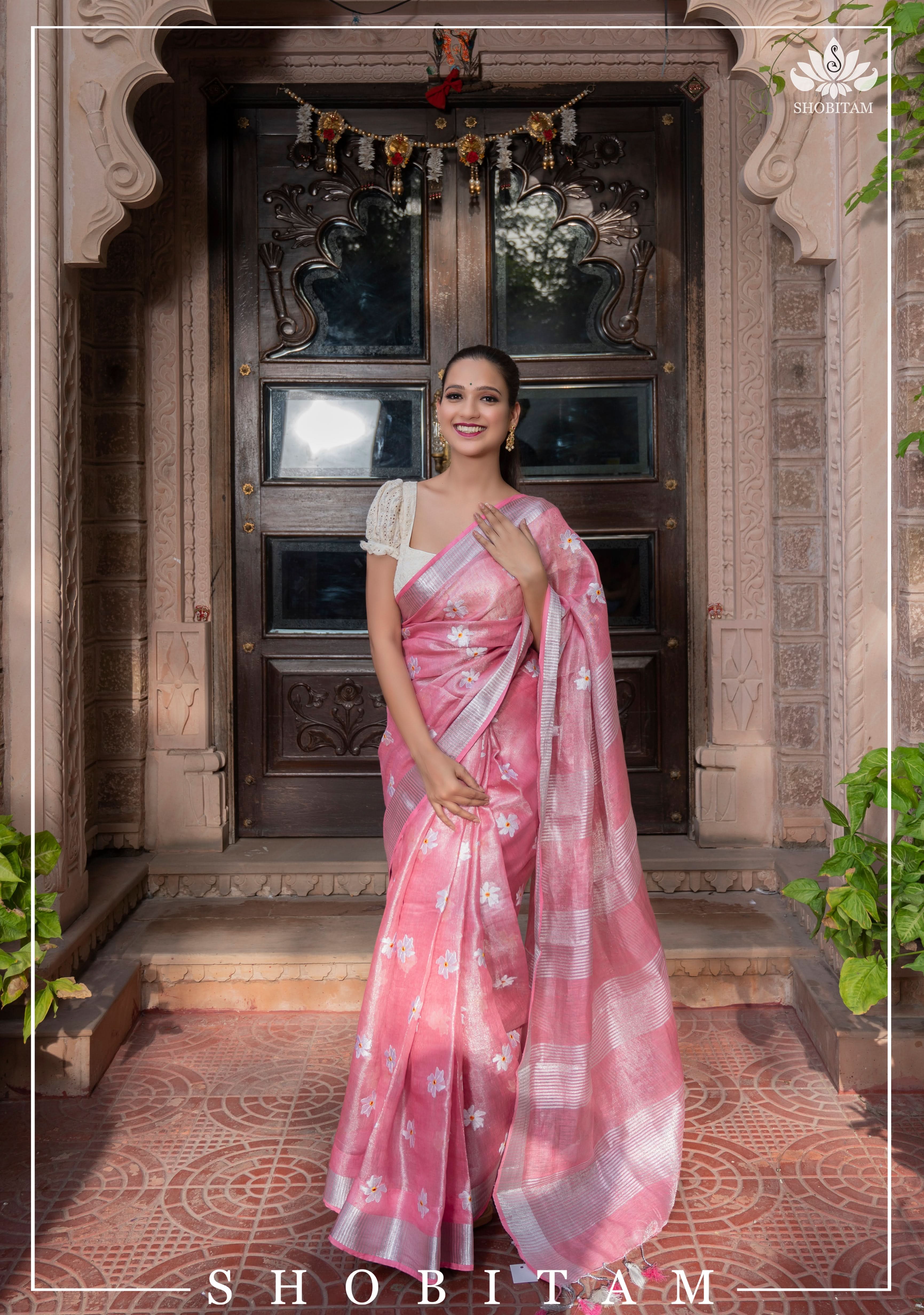 Pink Tissue Linen Saree with Parijaat Flower Embroidery | Shobitam Saree