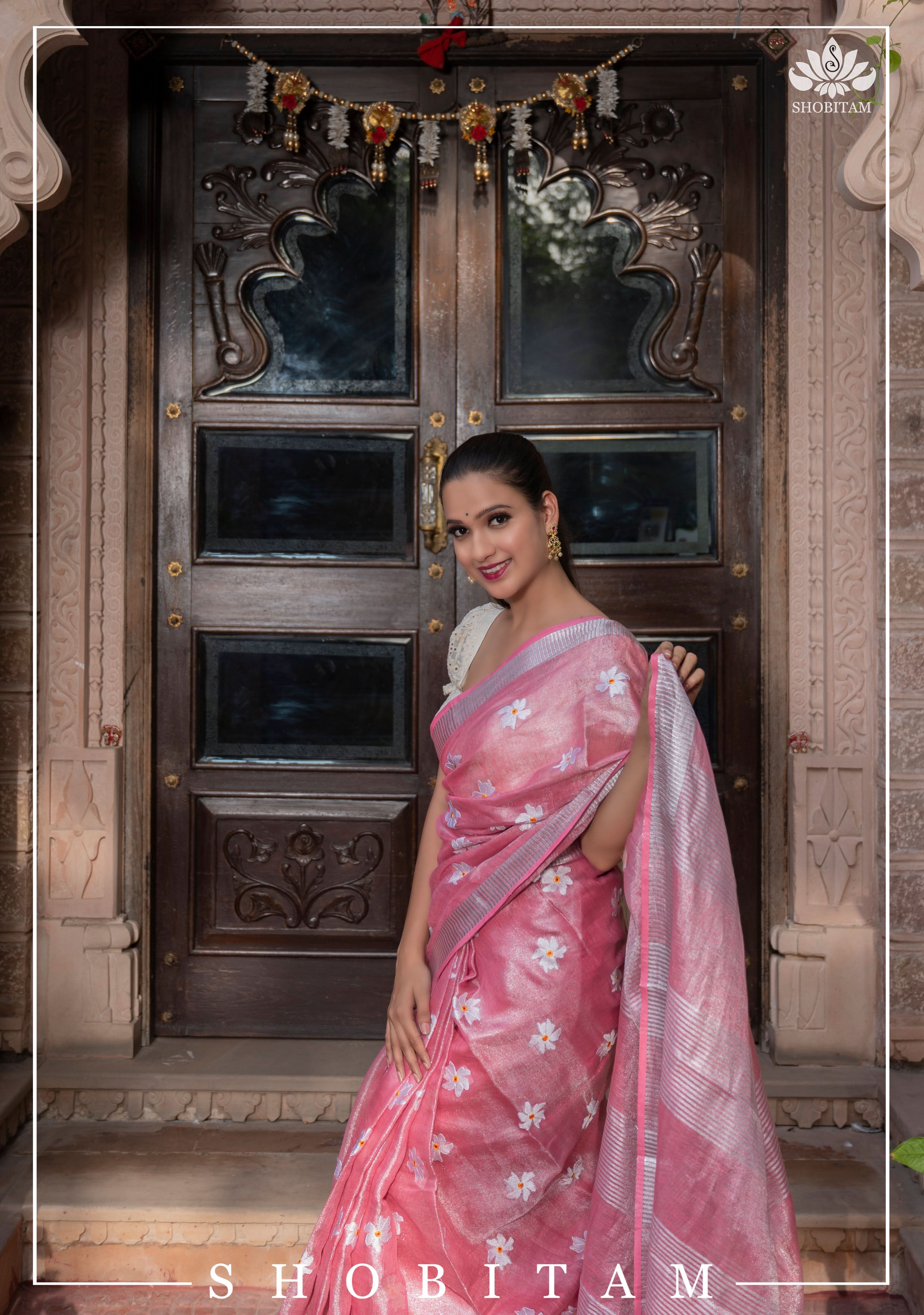 Pink Tissue Linen Saree with Parijaat Flower Embroidery | Shobitam Saree